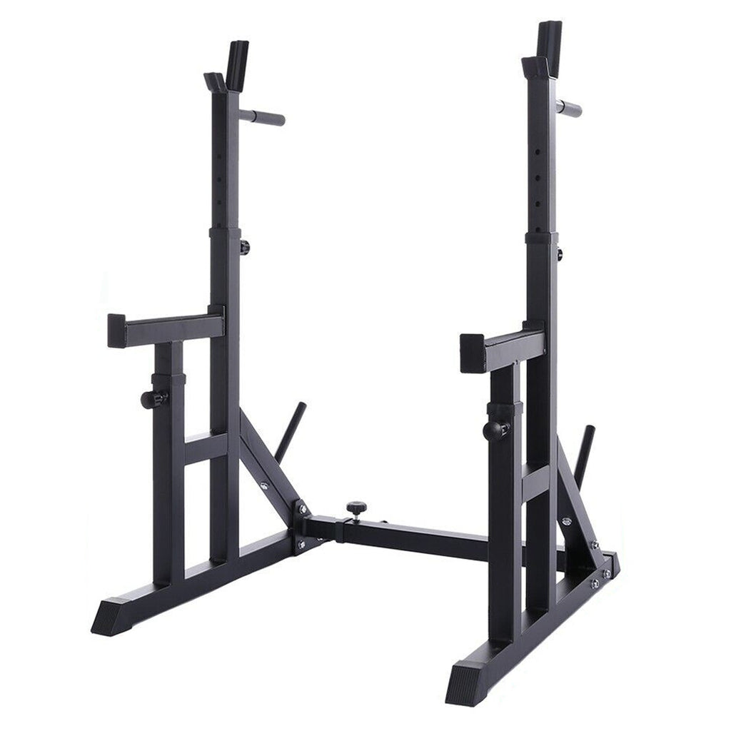 Adjustable Heavy‑Duty Squat & Bench Press Rack Stand – Powder‑Coated Steel, Safety Spotters & Dip Bars for Home Gym Strength Training