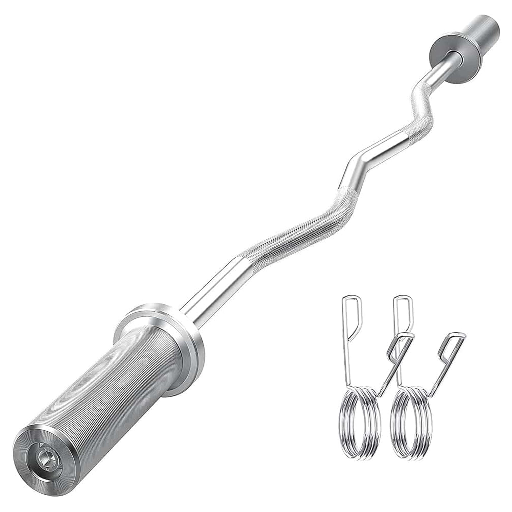 Chrome – 2″ Plate Fit Olympic EZ Curl Bar 47″ with Spring Collars – Ergonomic Curl & Strength Training Home Gym