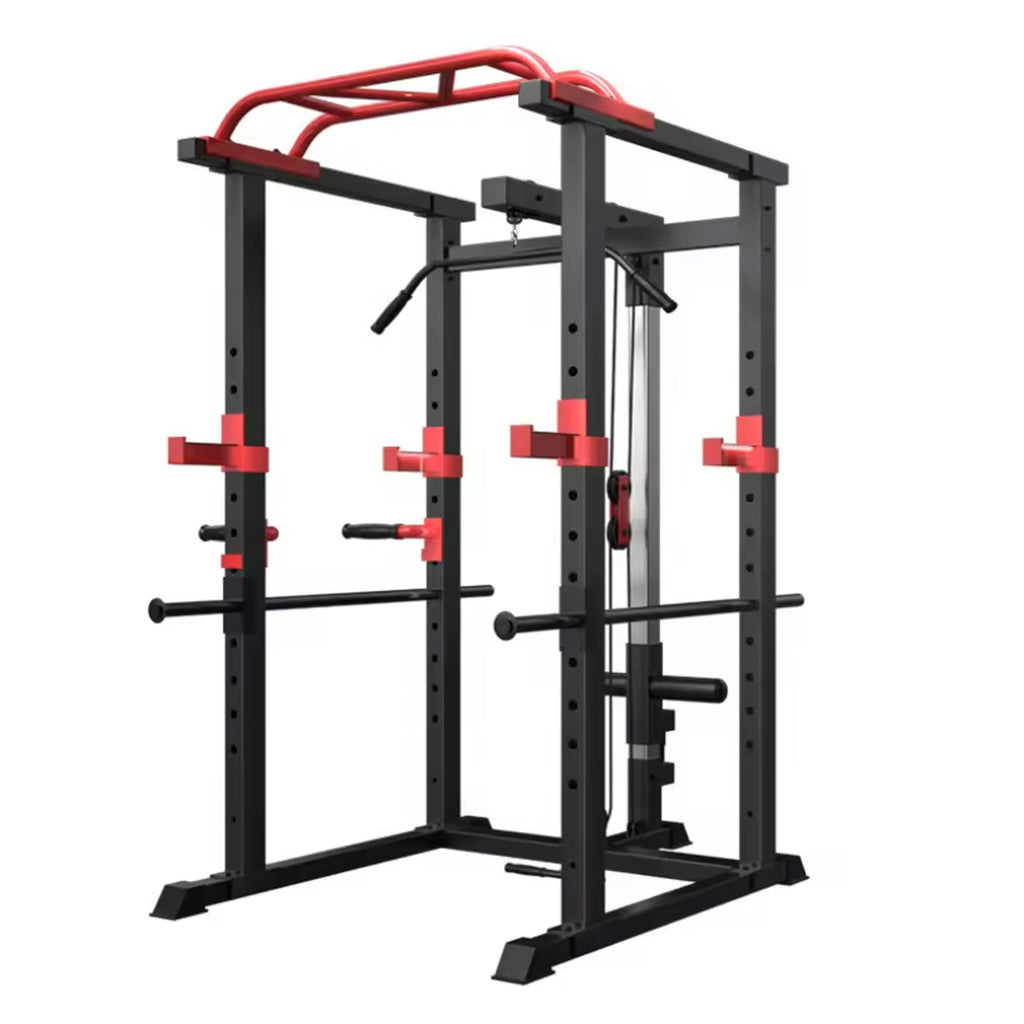 Heavy‑duty steel power rack with multi‑grip pull‑up bar and high/low cable pulley system. Adjustable safety, dip handles, and Olympic bar compatibility – all‑in‑one home gym powerhouse.