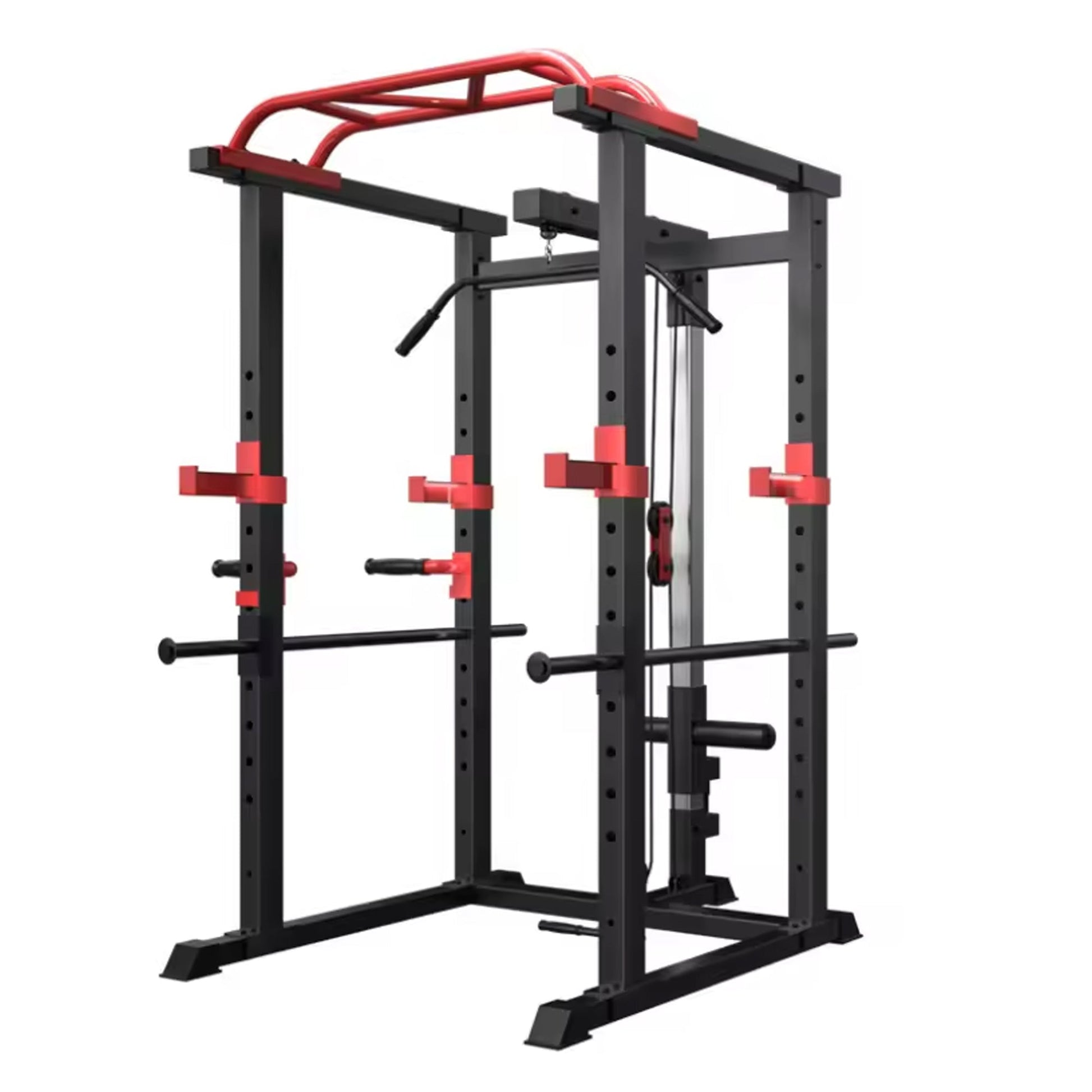 Heavy‑duty steel power rack with multi‑grip pull‑up bar and high/low cable pulley system. Adjustable safety, dip handles, and Olympic bar compatibility – all‑in‑one home gym powerhouse.