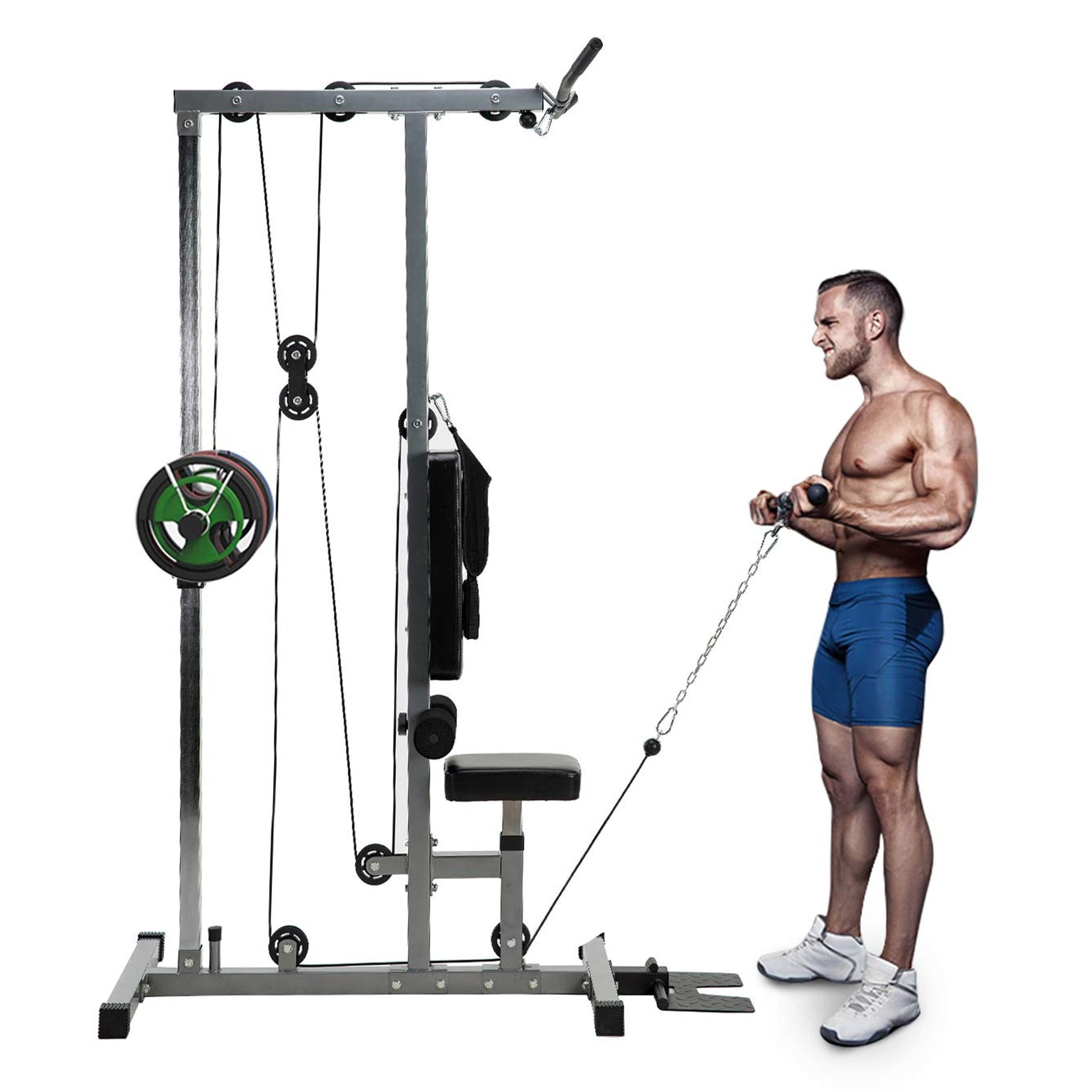 Lat Pulldown Cable Station with High & Low Pulleys, Heavy‑Duty Steel Frame, Adjustable Seat & Flip‑Up Footplate – Compact Home Gym Strength Training