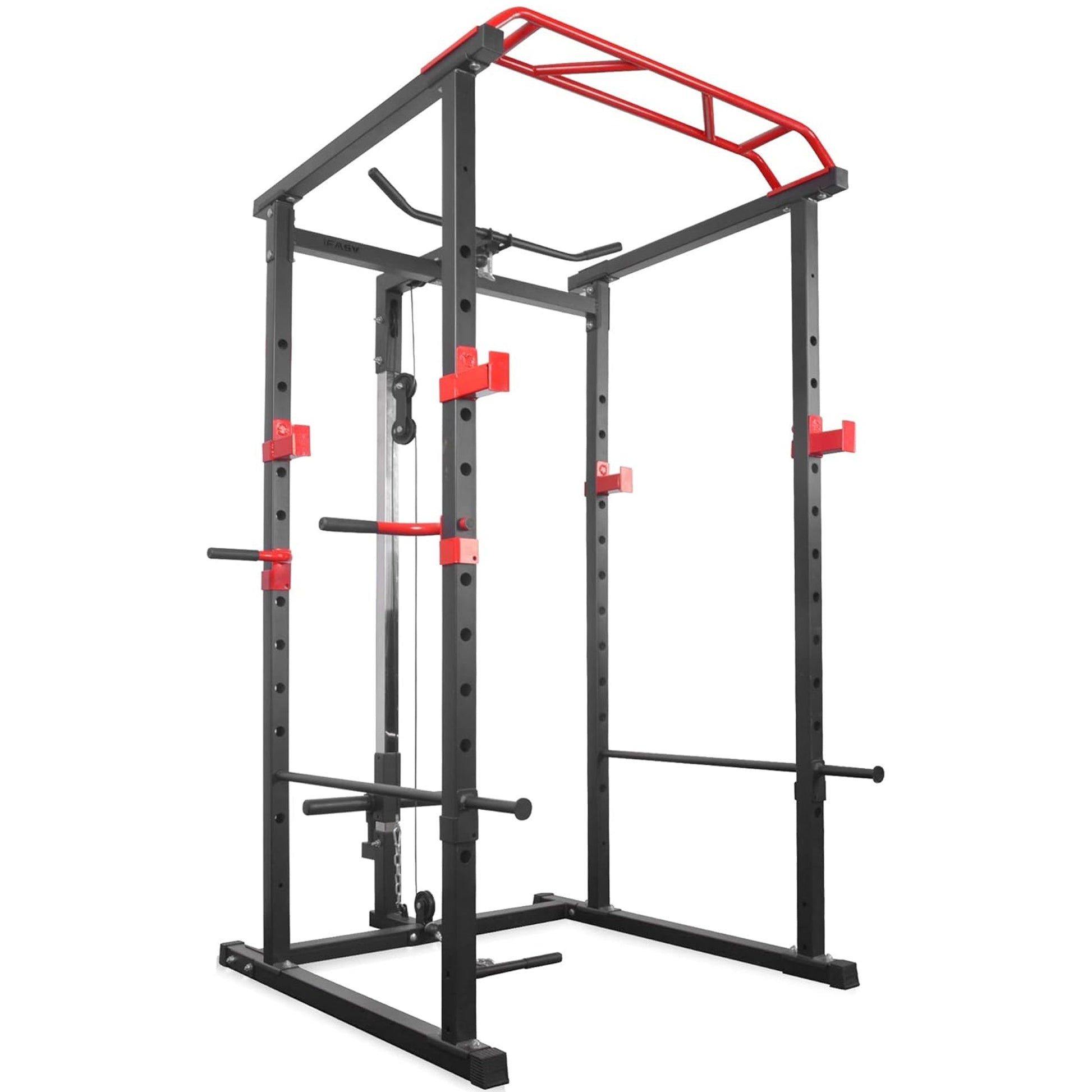 Heavy‑duty steel power rack with multi‑grip pull‑up bar and high/low cable pulley system. Adjustable safety, dip handles, and Olympic bar compatibility – all‑in‑one home gym powerhouse.
