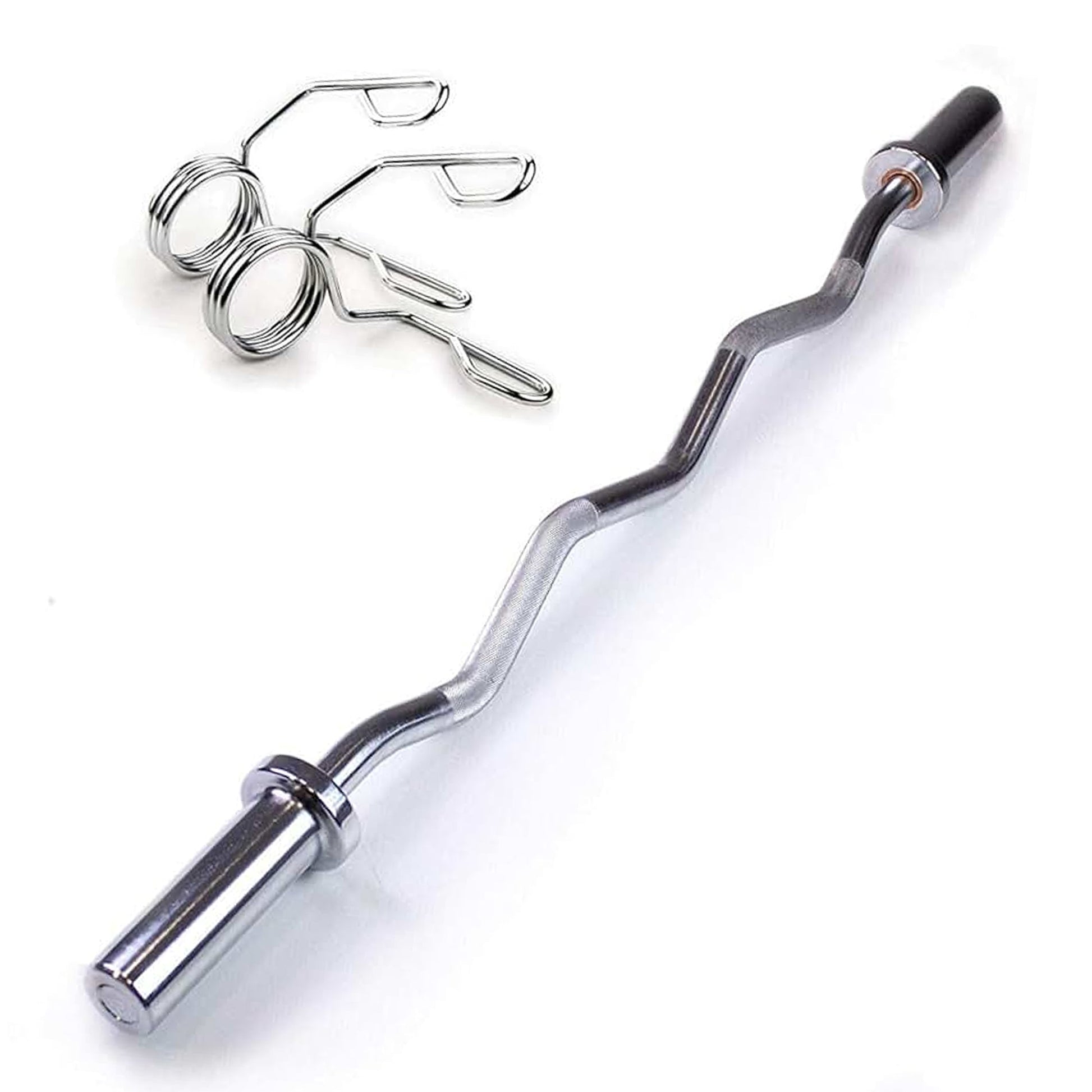 Chrome – 2″ Plate Fit Olympic EZ Curl Bar 47″ with Spring Collars – Ergonomic Curl & Strength Training Home Gym