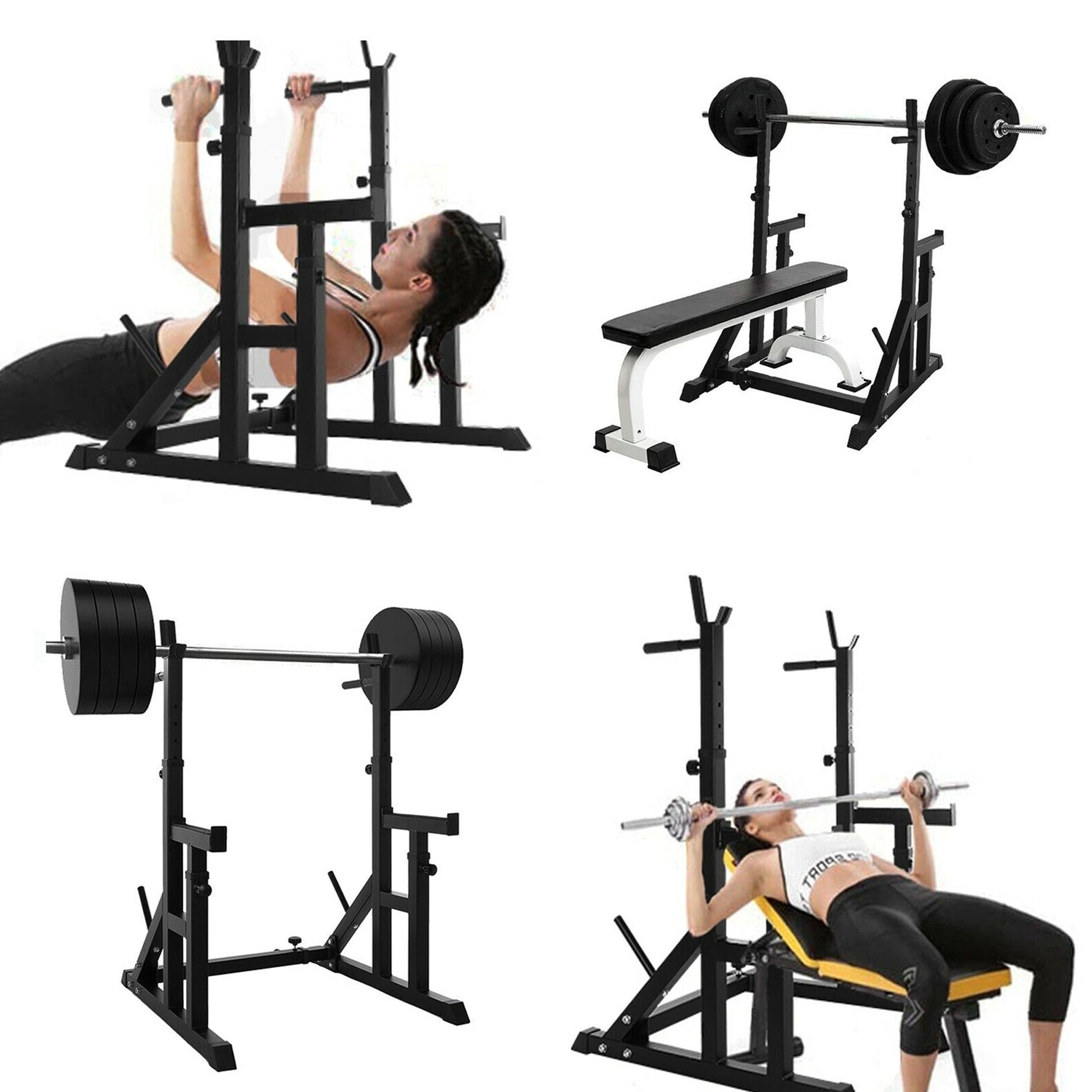 Adjustable Heavy‑Duty Squat & Bench Press Rack Stand – Powder‑Coated Steel, Safety Spotters & Dip Bars for Home Gym Strength Training