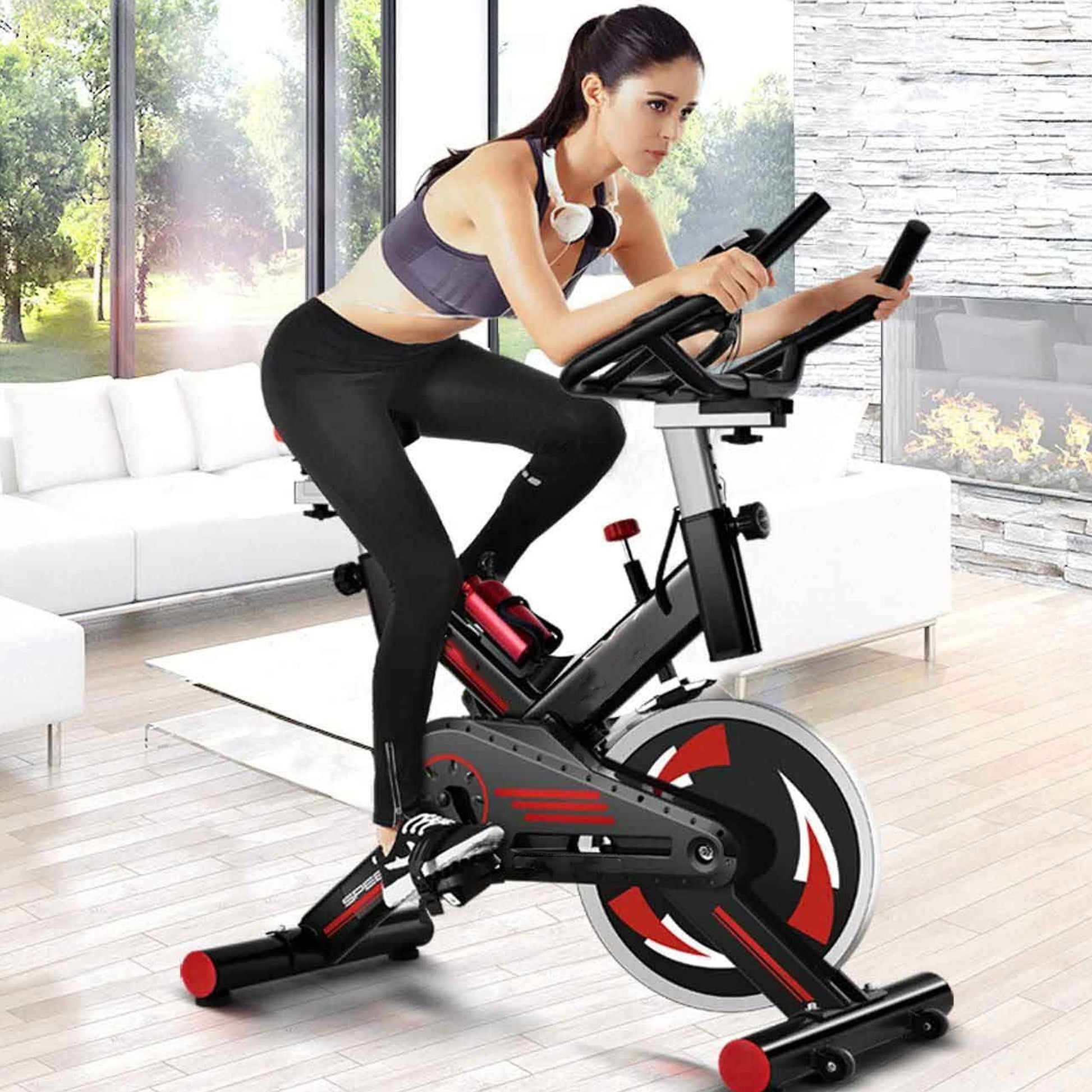Quiet Stationary Spin Bike – Matte Black Indoor Cycling Bike with LCD Monitor & Tablet Holder – Smooth Belt Drive for Home Cardio