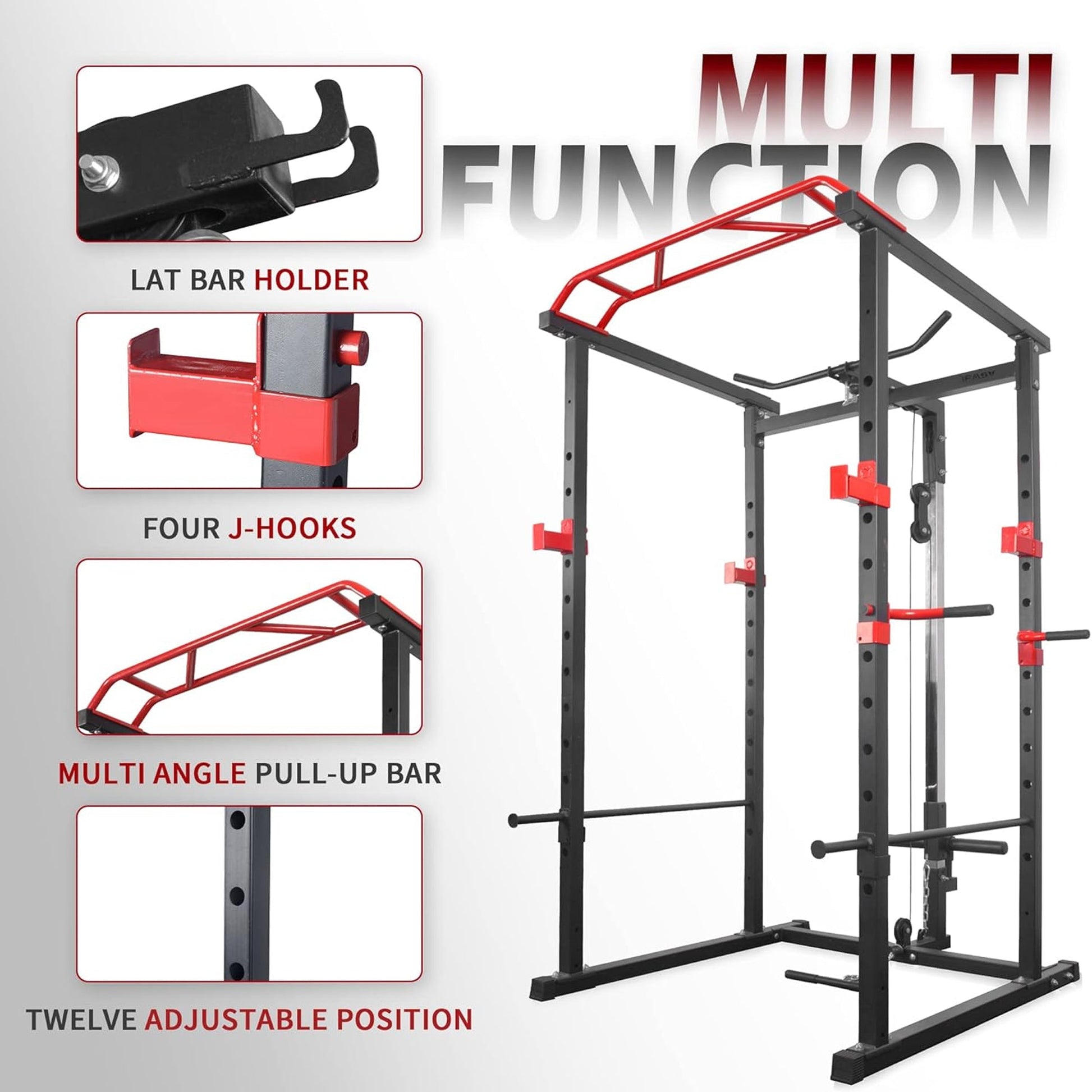 Heavy‑duty steel power rack with multi‑grip pull‑up bar and high/low cable pulley system. Adjustable safety, dip handles, and Olympic bar compatibility – all‑in‑one home gym powerhouse.