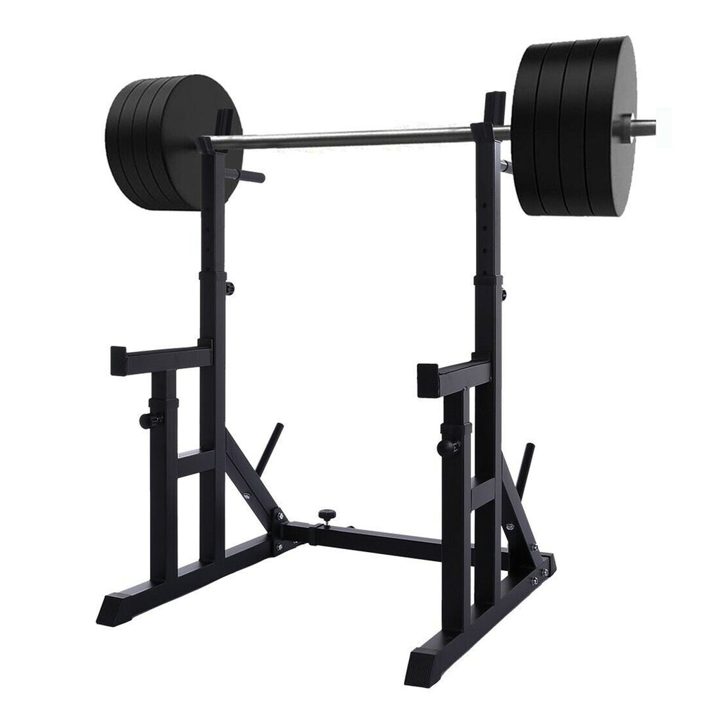 Adjustable Heavy‑Duty Squat & Bench Press Rack Stand – Powder‑Coated Steel, Safety Spotters & Dip Bars for Home Gym Strength Training