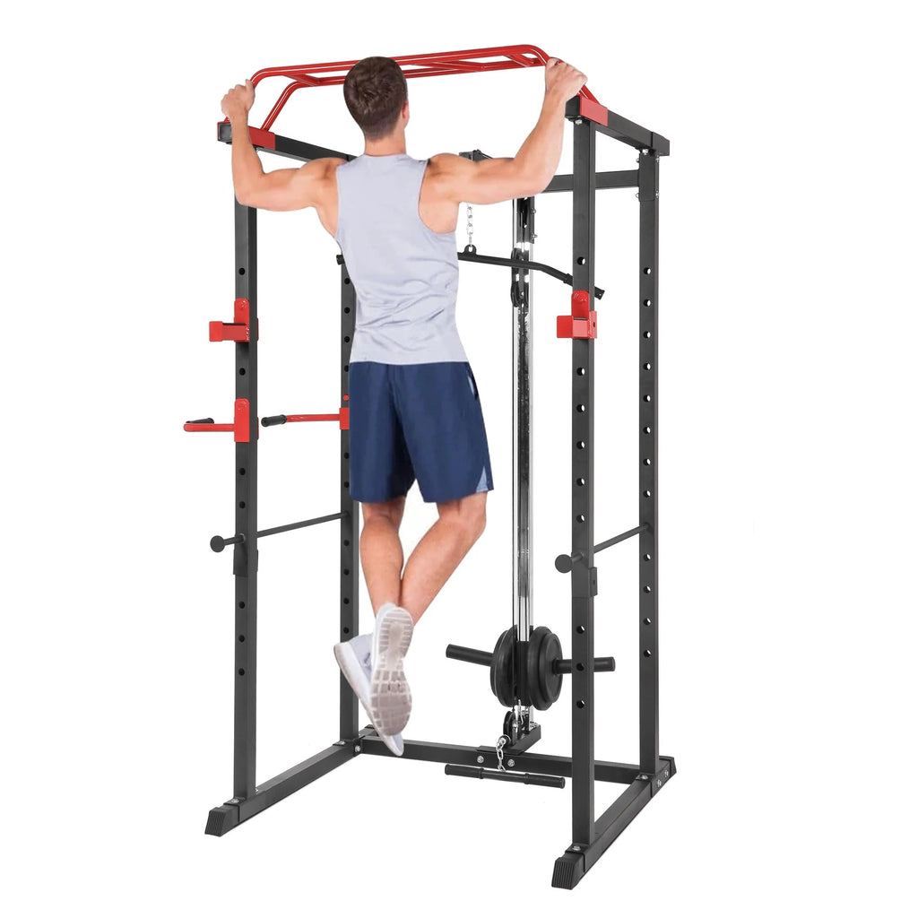 Heavy‑duty steel power rack with multi‑grip pull‑up bar and high/low cable pulley system. Adjustable safety, dip handles, and Olympic bar compatibility – all‑in‑one home gym powerhouse.