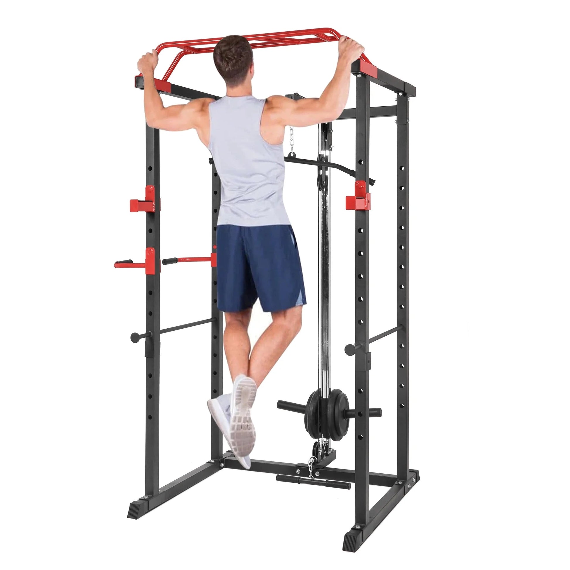 Heavy‑duty steel power rack with multi‑grip pull‑up bar and high/low cable pulley system. Adjustable safety, dip handles, and Olympic bar compatibility – all‑in‑one home gym powerhouse.