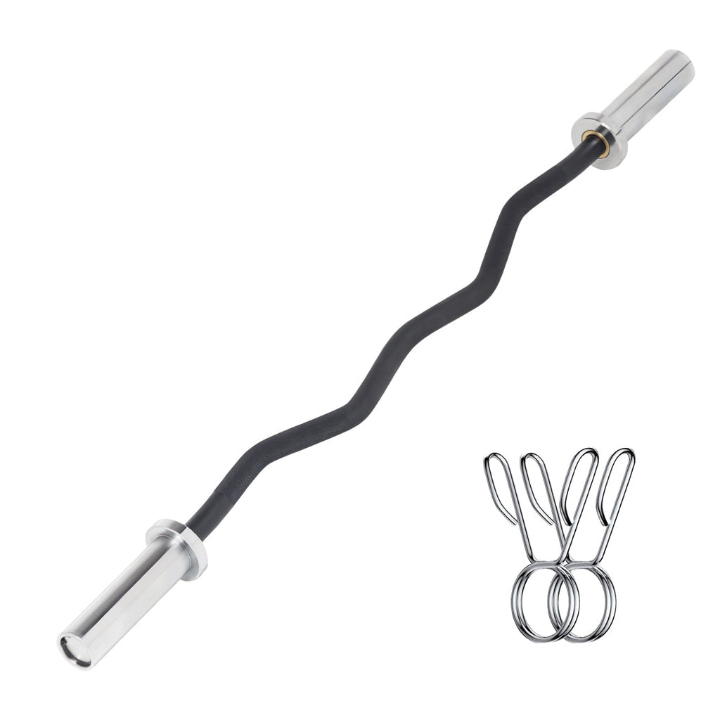 Chrome – 2″ Plate Fit Olympic EZ Curl Bar 47″ with Spring Collars – Ergonomic Curl & Strength Training Home Gym