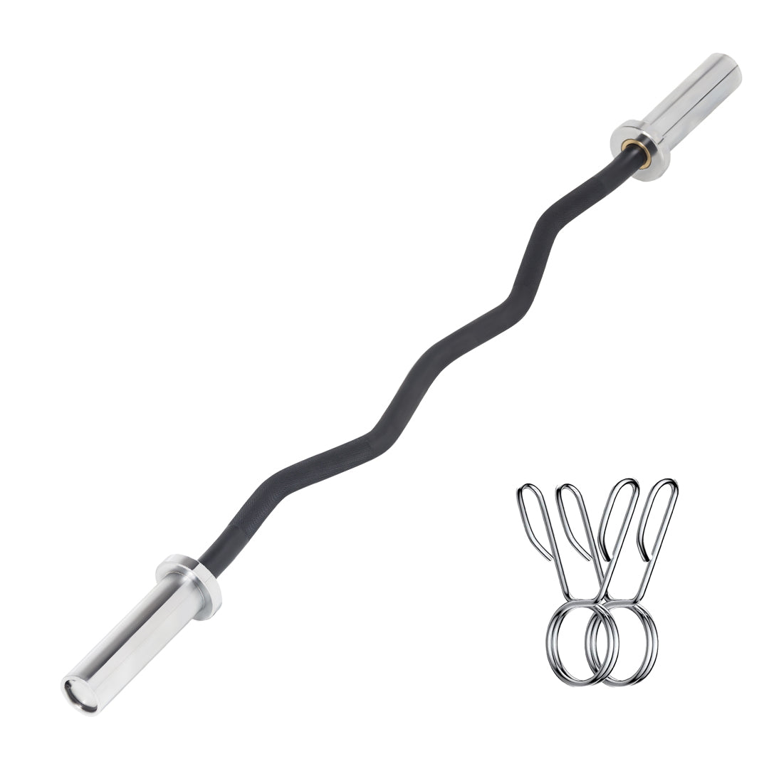 Chrome – 2″ Plate Fit Olympic EZ Curl Bar 47″ with Spring Collars – Ergonomic Curl & Strength Training Home Gym