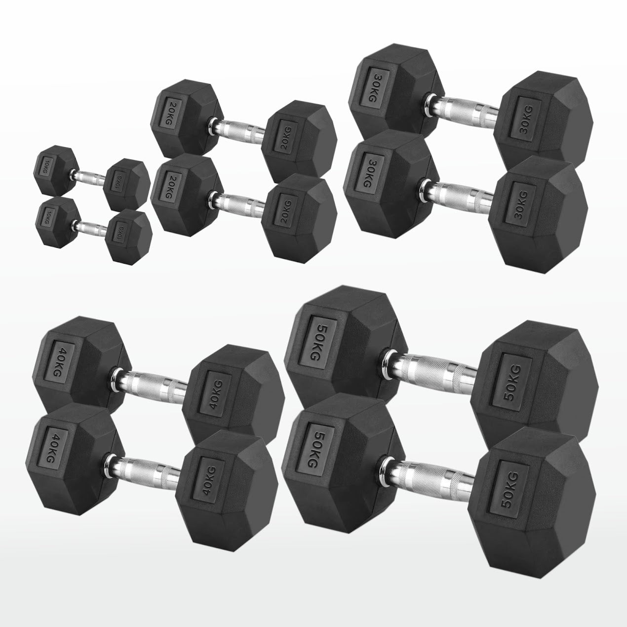 Hex Dumbbell Set 2.5kg–60kg – Rubber-Coated Anti-Roll Weights with Steel Handles – Dumbbell Pairs & Rack Bundles for Home & Commercial Gym Use
