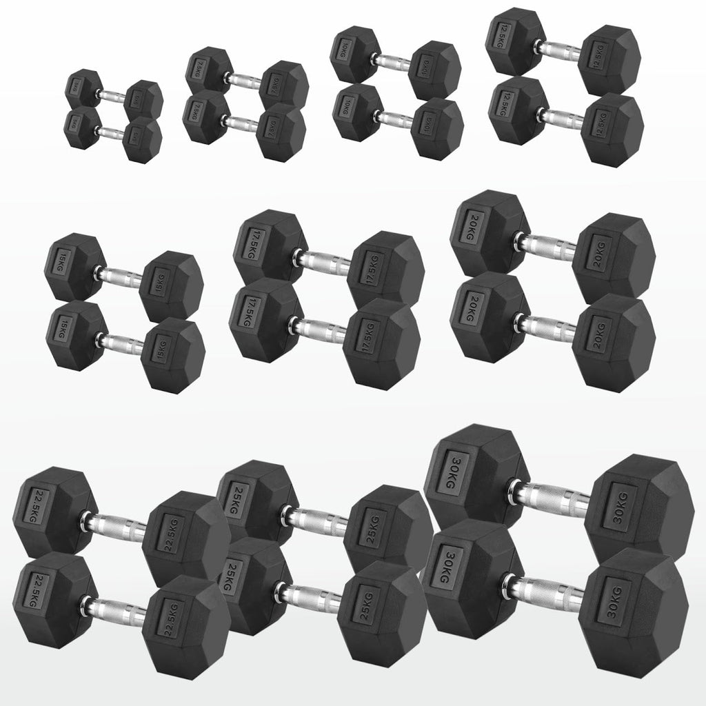 Hex Dumbbell Set 2.5kg–60kg – Rubber-Coated Anti-Roll Weights with Steel Handles – Dumbbell Pairs & Rack Bundles for Home & Commercial Gym Use