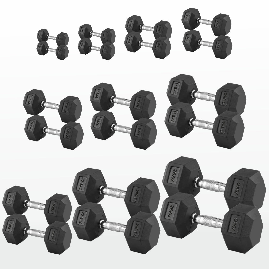Hex Dumbbell Set 2.5kg–60kg – Rubber-Coated Anti-Roll Weights with Steel Handles – Dumbbell Pairs & Rack Bundles for Home & Commercial Gym Use