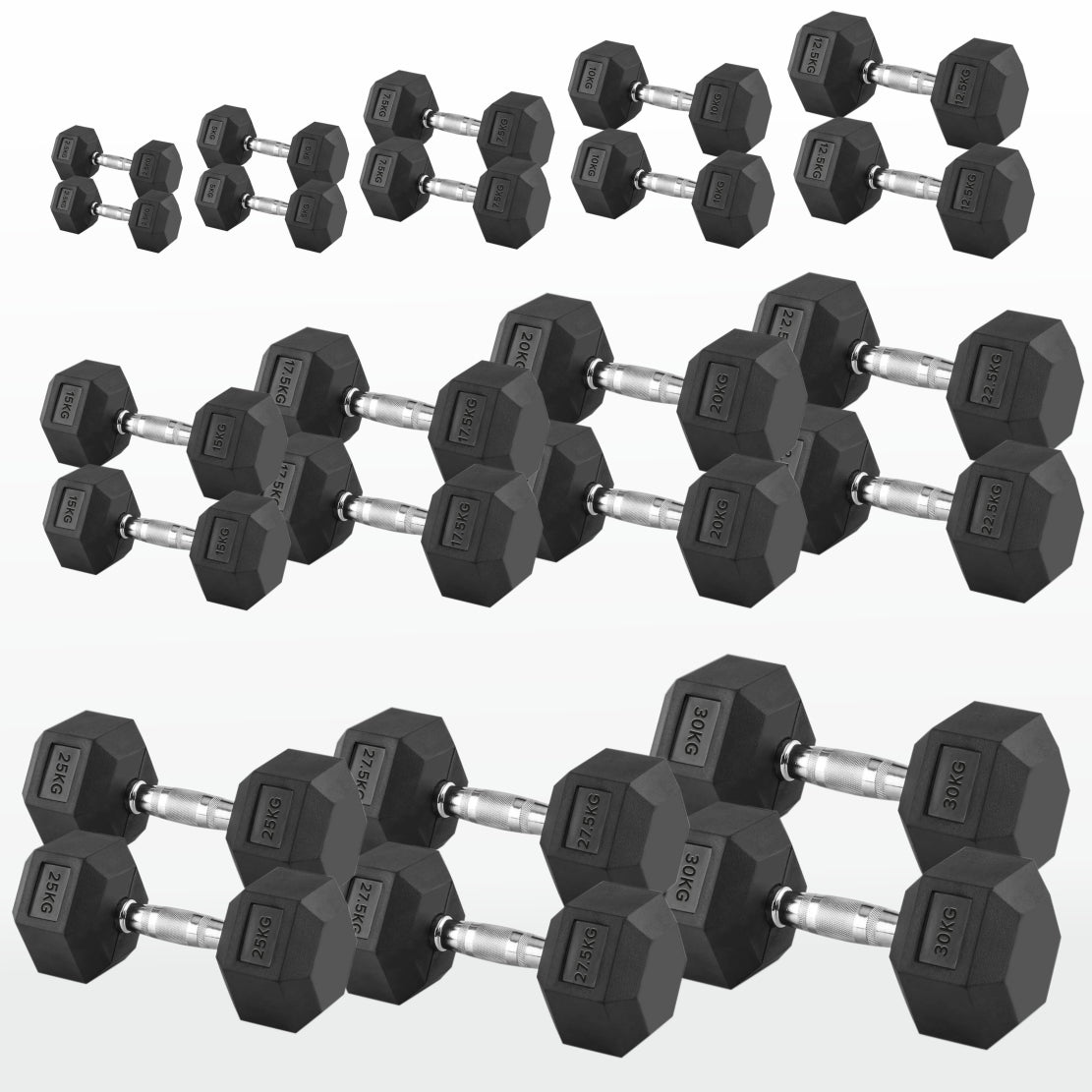Hex Dumbbell Set 2.5kg–60kg – Rubber-Coated Anti-Roll Weights with Steel Handles – Dumbbell Pairs & Rack Bundles for Home & Commercial Gym Use