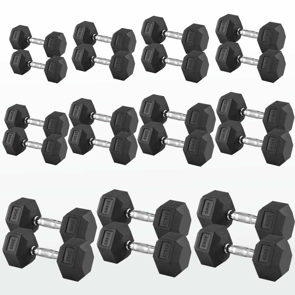 Hex Dumbbell Set 2.5kg–60kg – Rubber-Coated Anti-Roll Weights with Steel Handles – Dumbbell Pairs & Rack Bundles for Home & Commercial Gym Use
