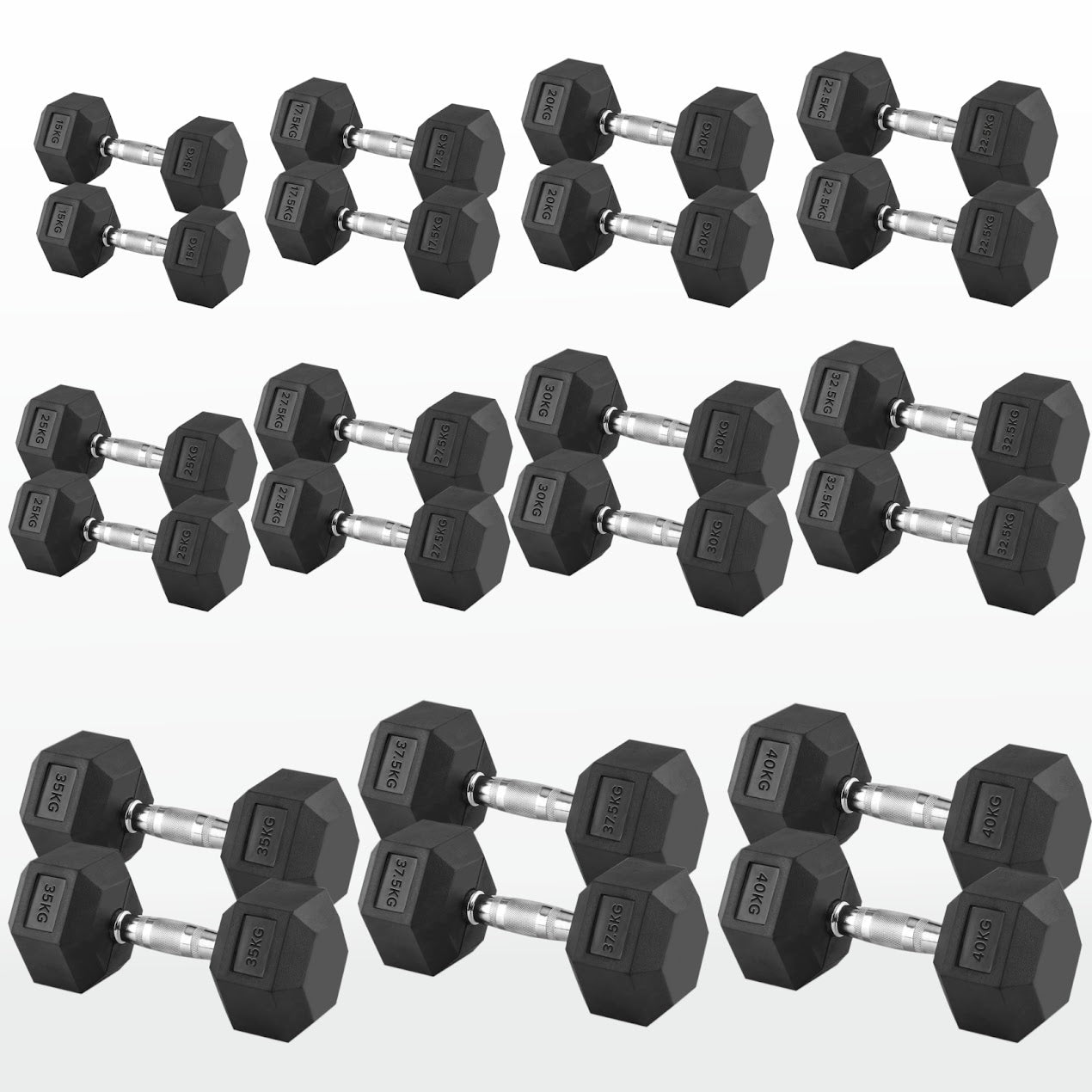 Hex Dumbbell Set 2.5kg–60kg – Rubber-Coated Anti-Roll Weights with Steel Handles – Dumbbell Pairs & Rack Bundles for Home & Commercial Gym Use