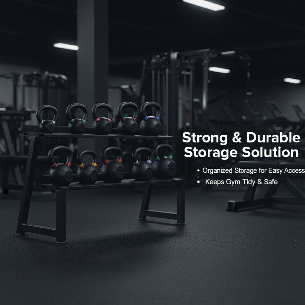 Heavy-Duty 2-Tier Kettlebell & Dumbbell Storage Rack – Steel Gym Organizer
