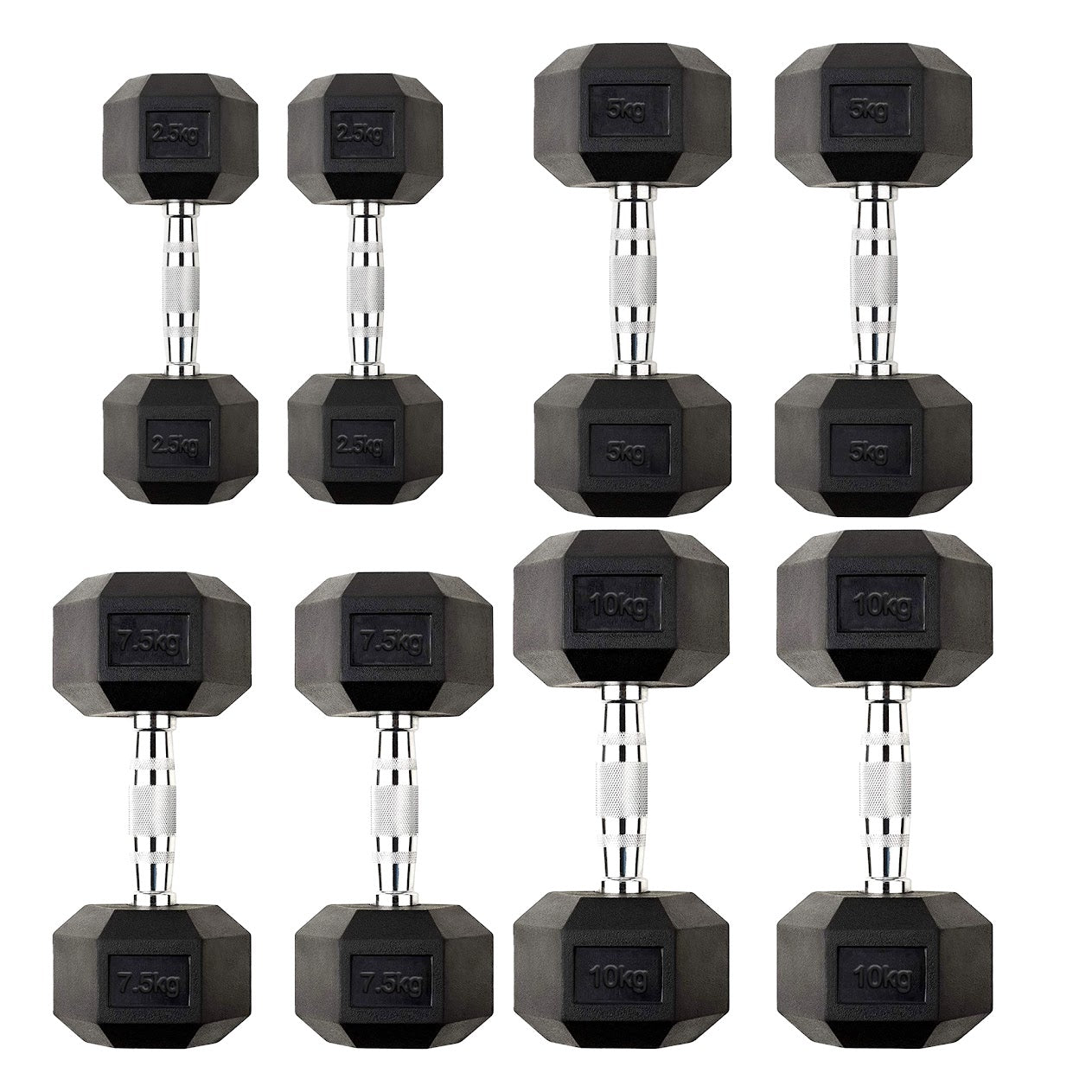 Hex Dumbbell Set 2.5kg–60kg – Rubber-Coated Anti-Roll Weights with Steel Handles – Dumbbell Pairs & Rack Bundles for Home & Commercial Gym Use