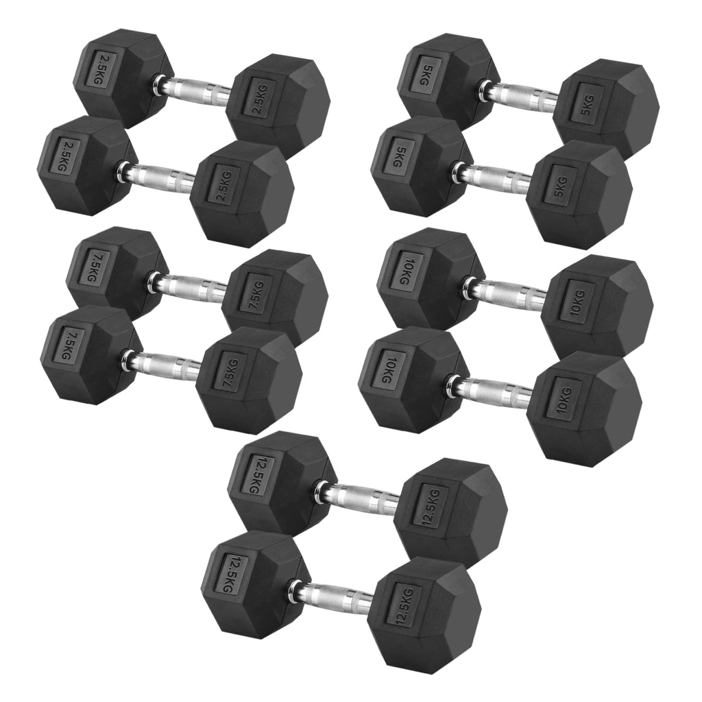 Complete Hex Dumbbell Set (5 Pairs) from 2.5kg to 25kg with Optional Space-Saving 5 Tier Rack – Durable Rubber-Coated Cast Iron Weights for Home Gyms