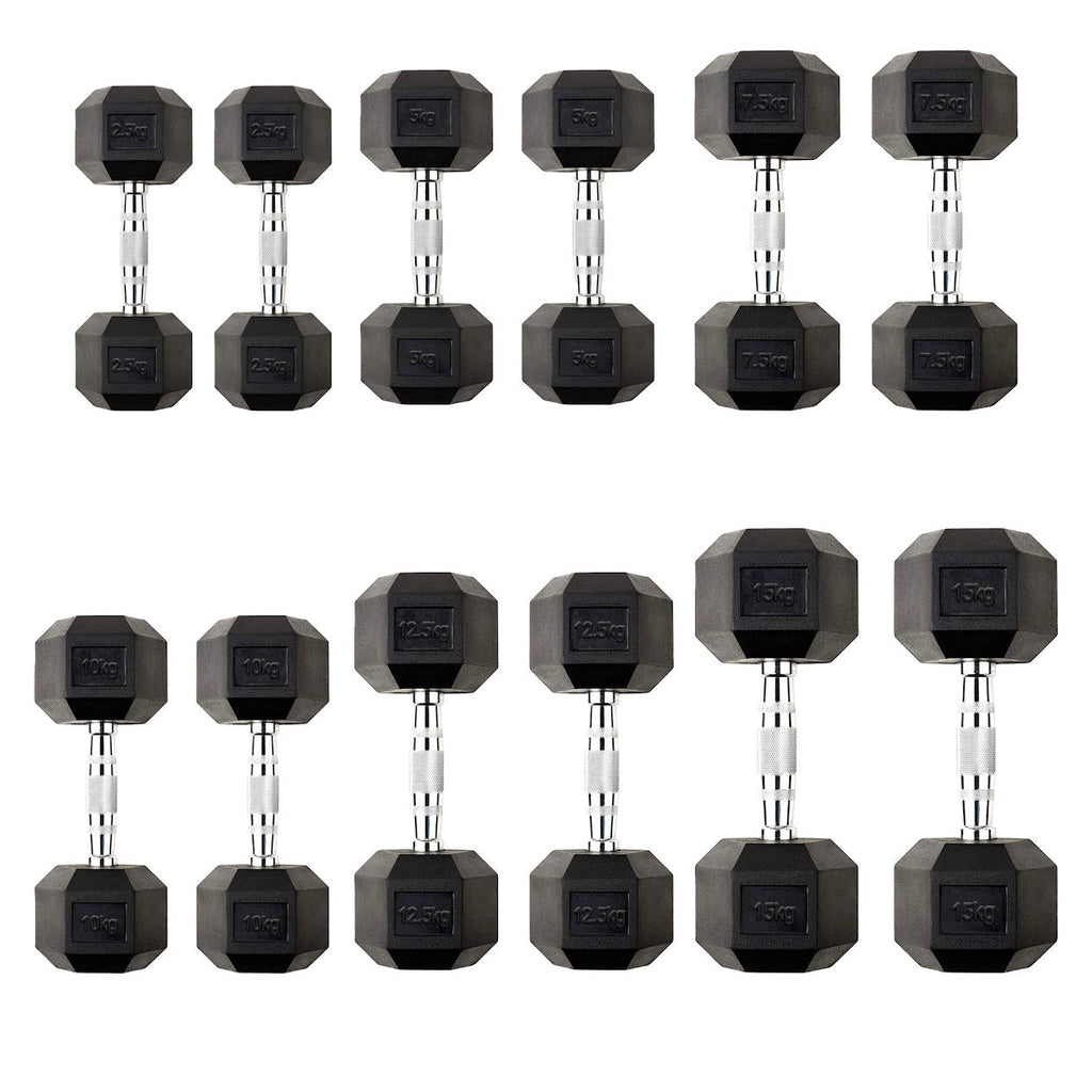 Hex Dumbbell Set 2.5kg–60kg – Rubber-Coated Anti-Roll Weights with Steel Handles – Dumbbell Pairs & Rack Bundles for Home & Commercial Gym Use