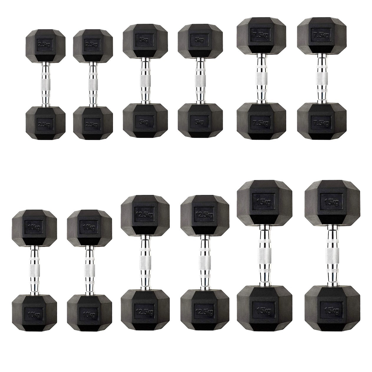 Hex Dumbbell Set 2.5kg–60kg – Rubber-Coated Anti-Roll Weights with Steel Handles – Dumbbell Pairs & Rack Bundles for Home & Commercial Gym Use