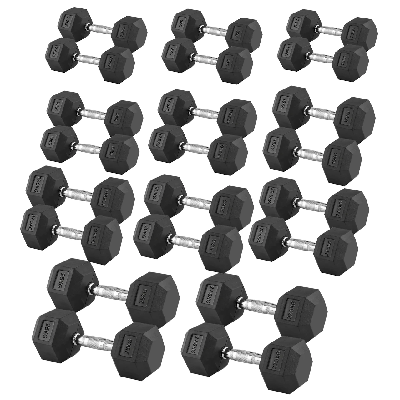 Hex Dumbbell Set 2.5kg–60kg – Rubber-Coated Anti-Roll Weights with Steel Handles – Dumbbell Pairs & Rack Bundles for Home & Commercial Gym Use