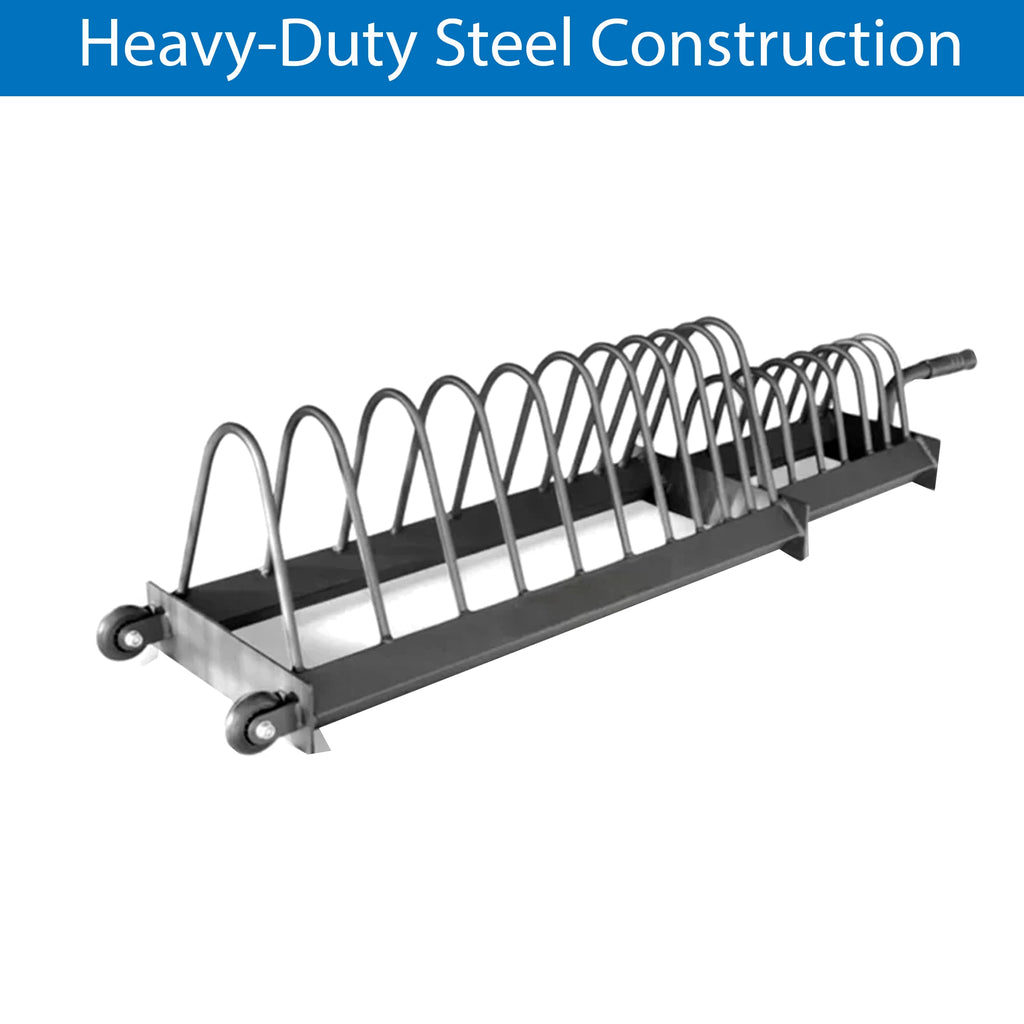 Portable Horizontal Weight Plate Storage Rack with Wheels & Barbell Holder – Heavy Duty Steel Gym Organizer for Bumper, Olympic & Tri-Grip Plates