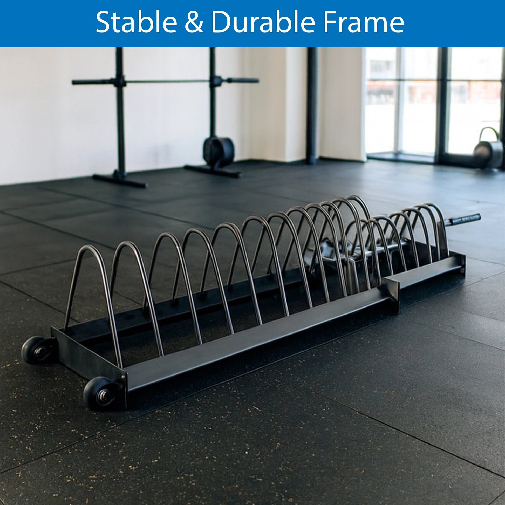 Portable Horizontal Weight Plate Storage Rack with Wheels & Barbell Holder – Heavy Duty Steel Gym Organizer for Bumper, Olympic & Tri-Grip Plates