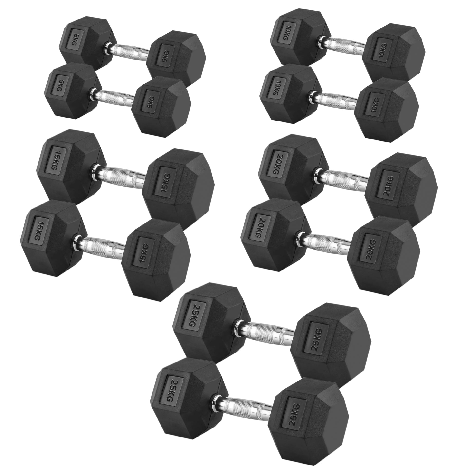 Complete Hex Dumbbell Set (5 Pairs) from 2.5kg to 25kg with Optional Space-Saving 5 Tier Rack – Durable Rubber-Coated Cast Iron Weights for Home Gyms