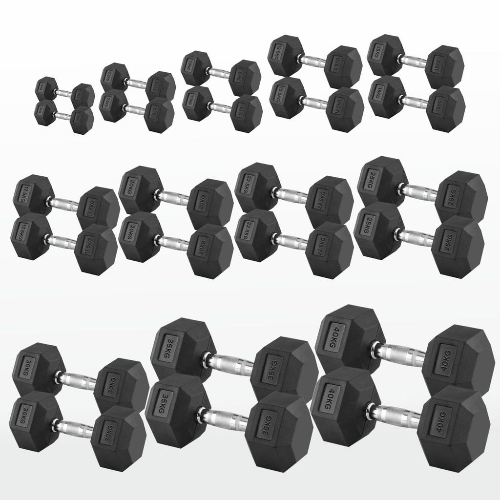 Hex Dumbbell Set 2.5kg–60kg – Rubber-Coated Anti-Roll Weights with Steel Handles – Dumbbell Pairs & Rack Bundles for Home & Commercial Gym Use