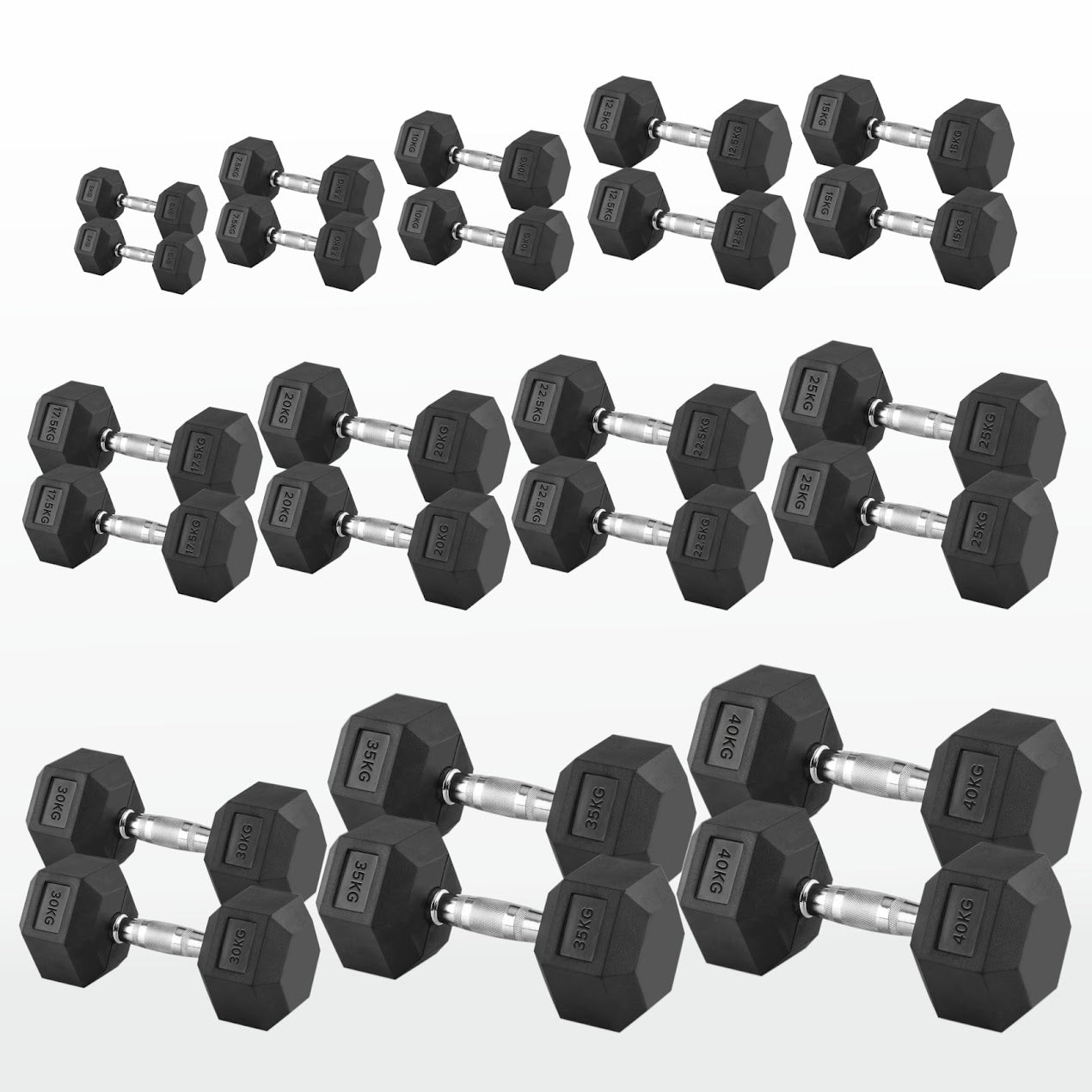 Hex Dumbbell Set 2.5kg–60kg – Rubber-Coated Anti-Roll Weights with Steel Handles – Dumbbell Pairs & Rack Bundles for Home & Commercial Gym Use