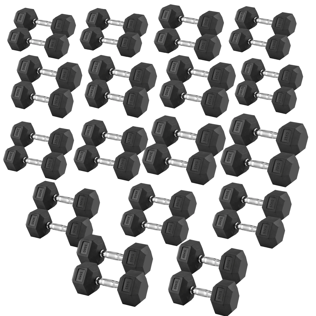 Hex Dumbbell Set 2.5kg–60kg – Rubber-Coated Anti-Roll Weights with Steel Handles – Dumbbell Pairs & Rack Bundles for Home & Commercial Gym Use