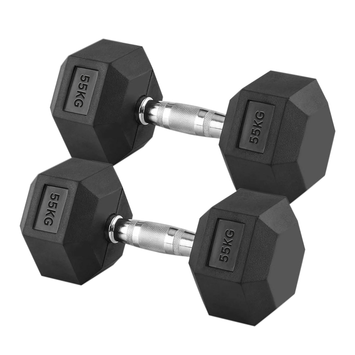 Heavy-Duty 55kg Hex Dumbbell Set – Rubber Coated Cast Iron with Knurled Chrome Handles – Anti Roll Fixed Weights for Advanced Home Gym Strength Training