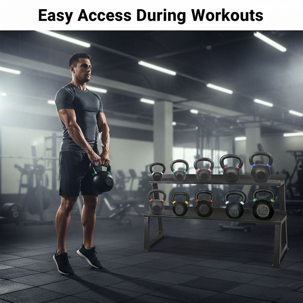 Heavy-Duty 2-Tier Kettlebell & Dumbbell Storage Rack – Steel Gym Organizer