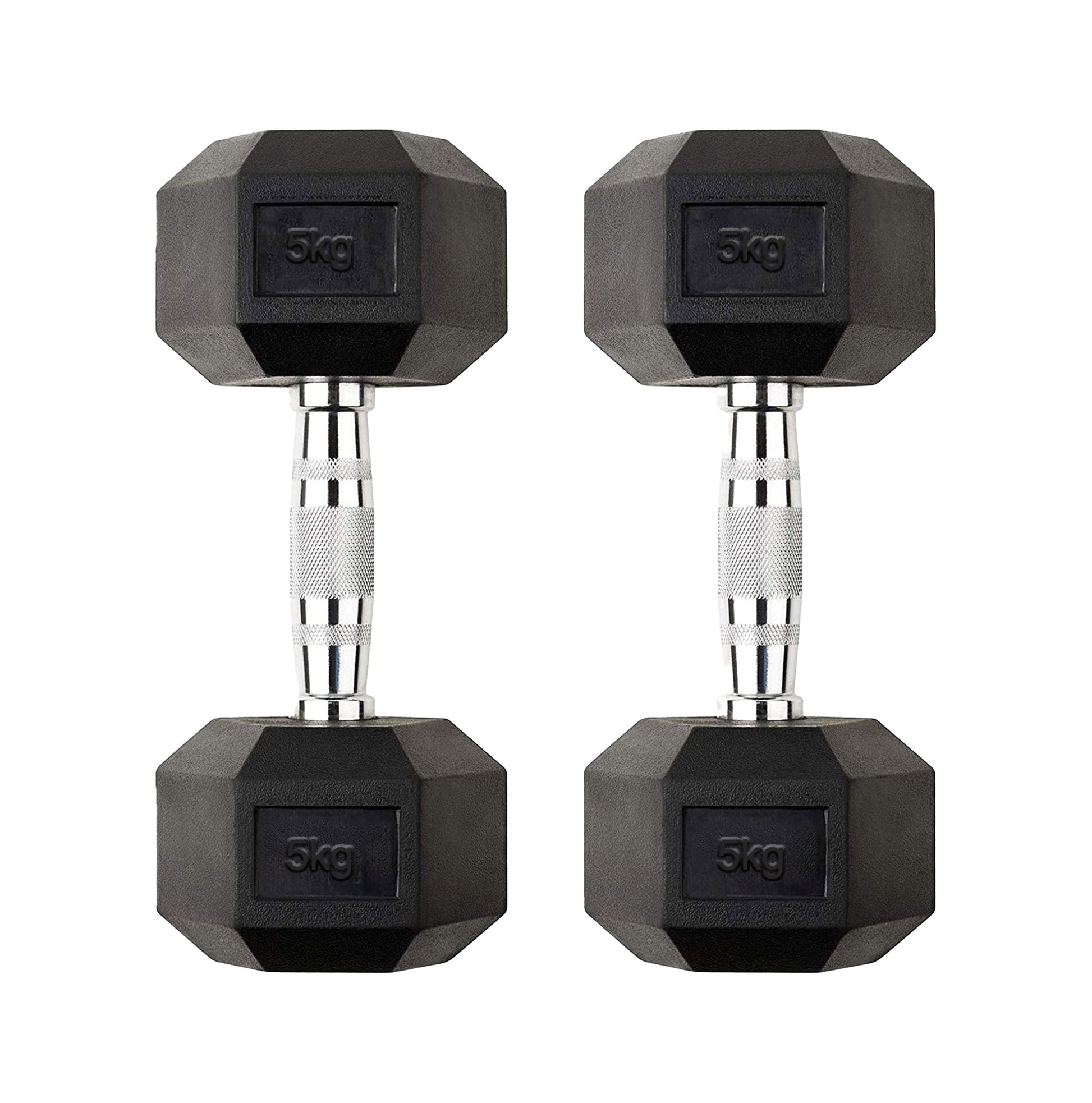 Compact 5kg Hex Dumbbell Pair – Rubber Coated Anti Roll Weights with Chrome Handles for Home Gym Strength, Toning & Full Body Workouts, Men & Women