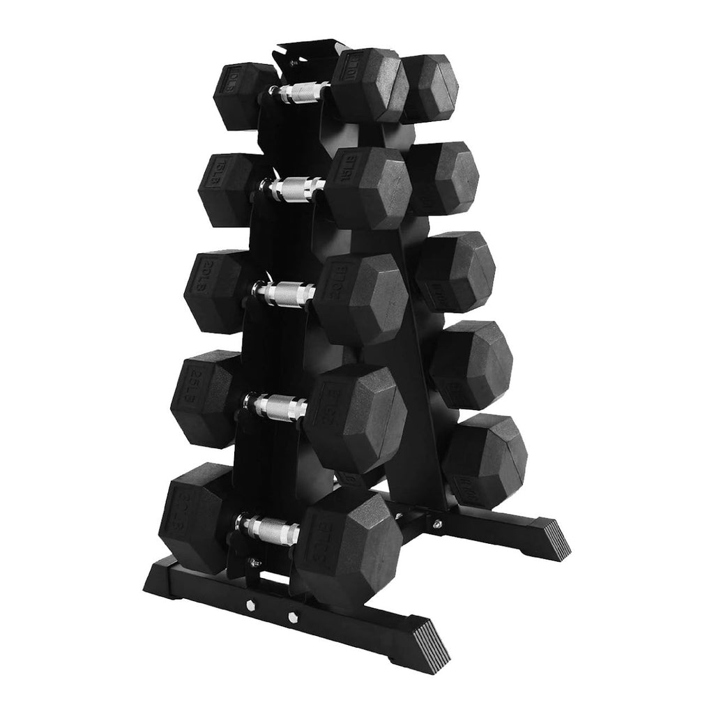 Complete Hex Dumbbell Set (5 Pairs) from 2.5kg to 25kg with Optional Space-Saving 5 Tier Rack – Durable Rubber-Coated Cast Iron Weights for Home Gyms