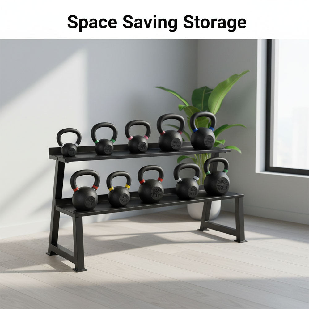 Heavy-Duty 2-Tier Kettlebell & Dumbbell Storage Rack – Steel Gym Organizer