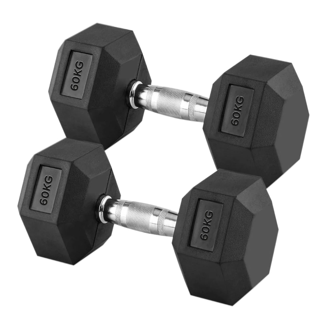 60kg Hex Dumbbell Set – Rubber Coated Cast Iron with Chrome Knurled Handles – Heavy Anti Roll Fixed Weights for Advanced Strength Training – Home Gym or Studio