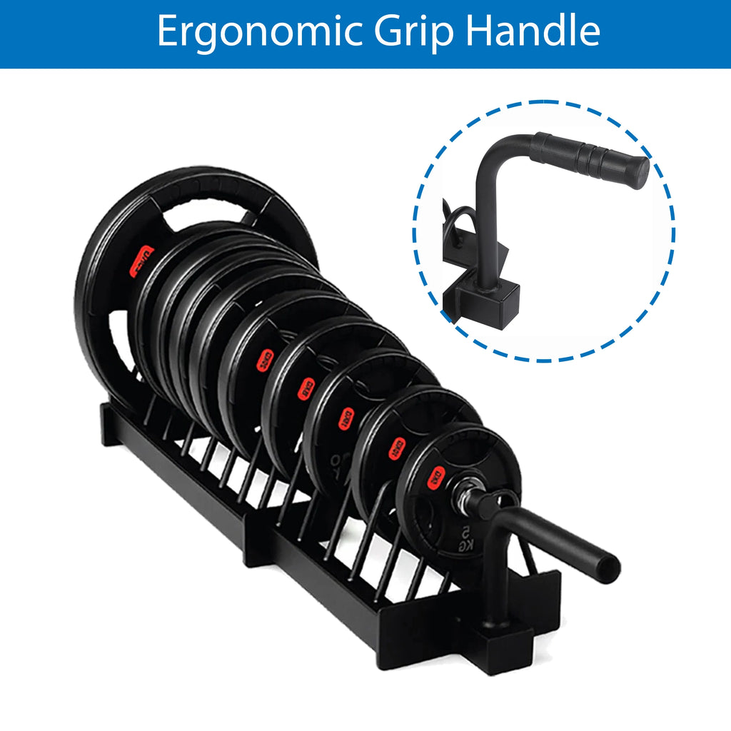 Portable Horizontal Weight Plate Storage Rack with Wheels & Barbell Holder – Heavy Duty Steel Gym Organizer for Bumper, Olympic & Tri-Grip Plates