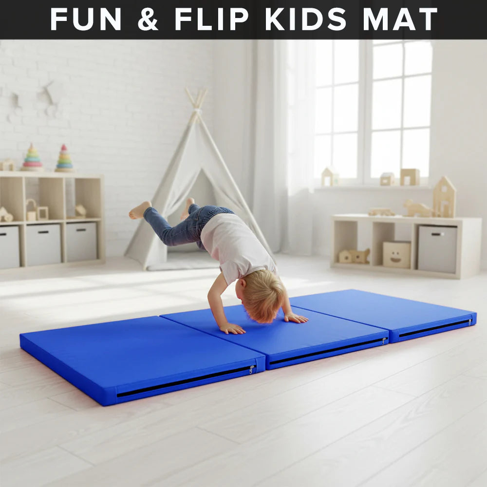 Tri-Fold Gymnastics Crash Mat – 5cm Thick PU Leather Non-Slip Folding Mat with Handles