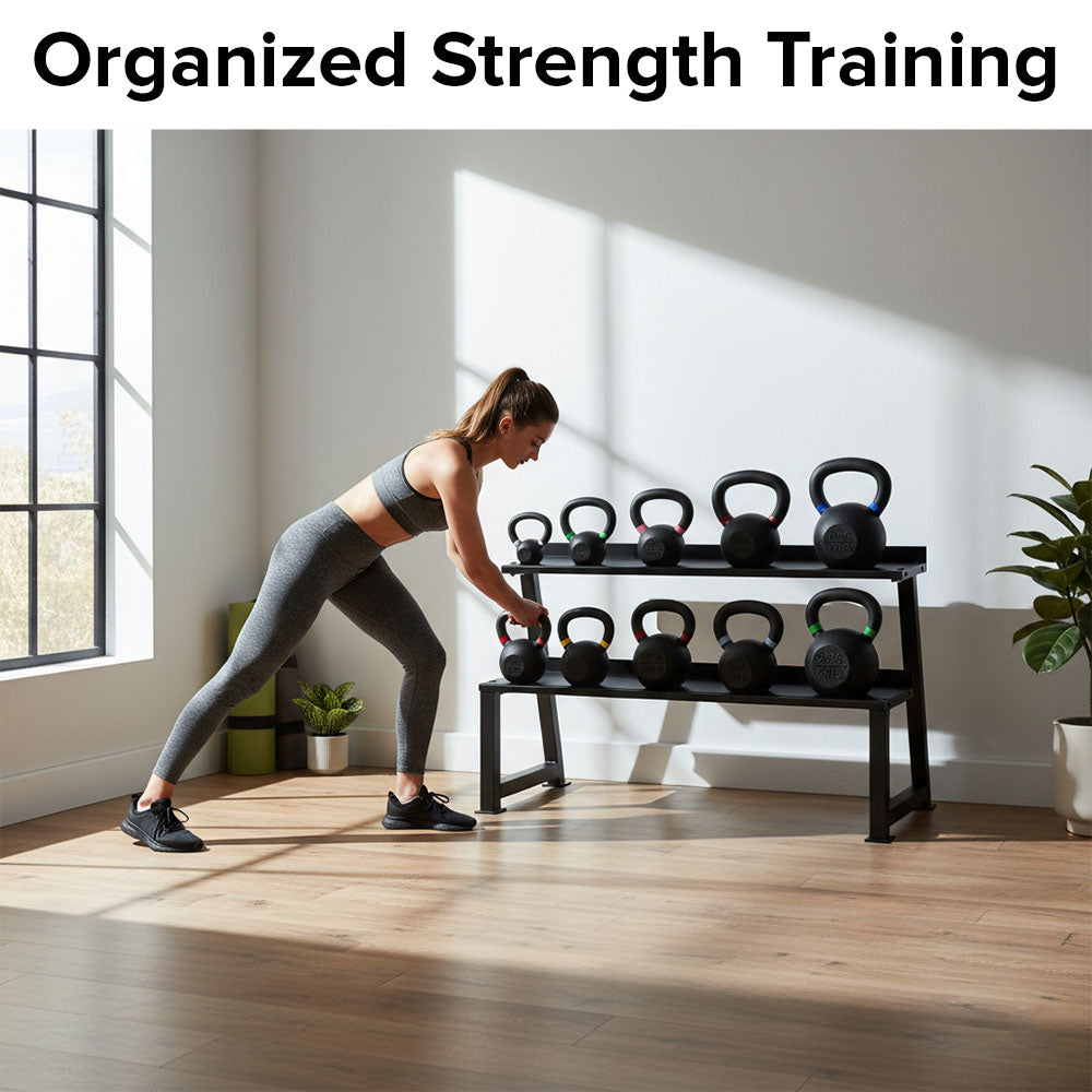 Heavy-Duty 2-Tier Kettlebell & Dumbbell Storage Rack – Steel Gym Organizer