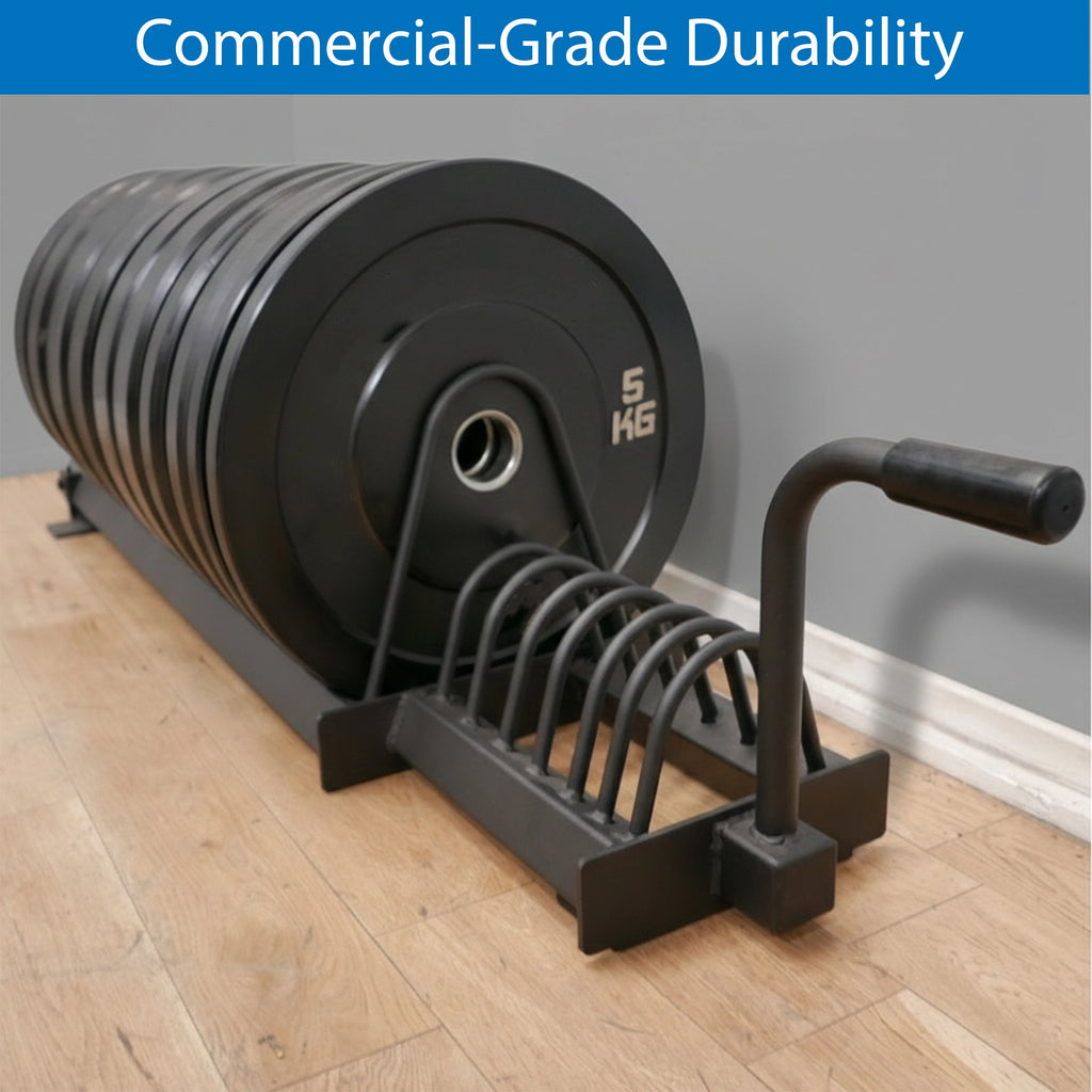 Portable Horizontal Weight Plate Storage Rack with Wheels & Barbell Holder – Heavy Duty Steel Gym Organizer for Bumper, Olympic & Tri-Grip Plates
