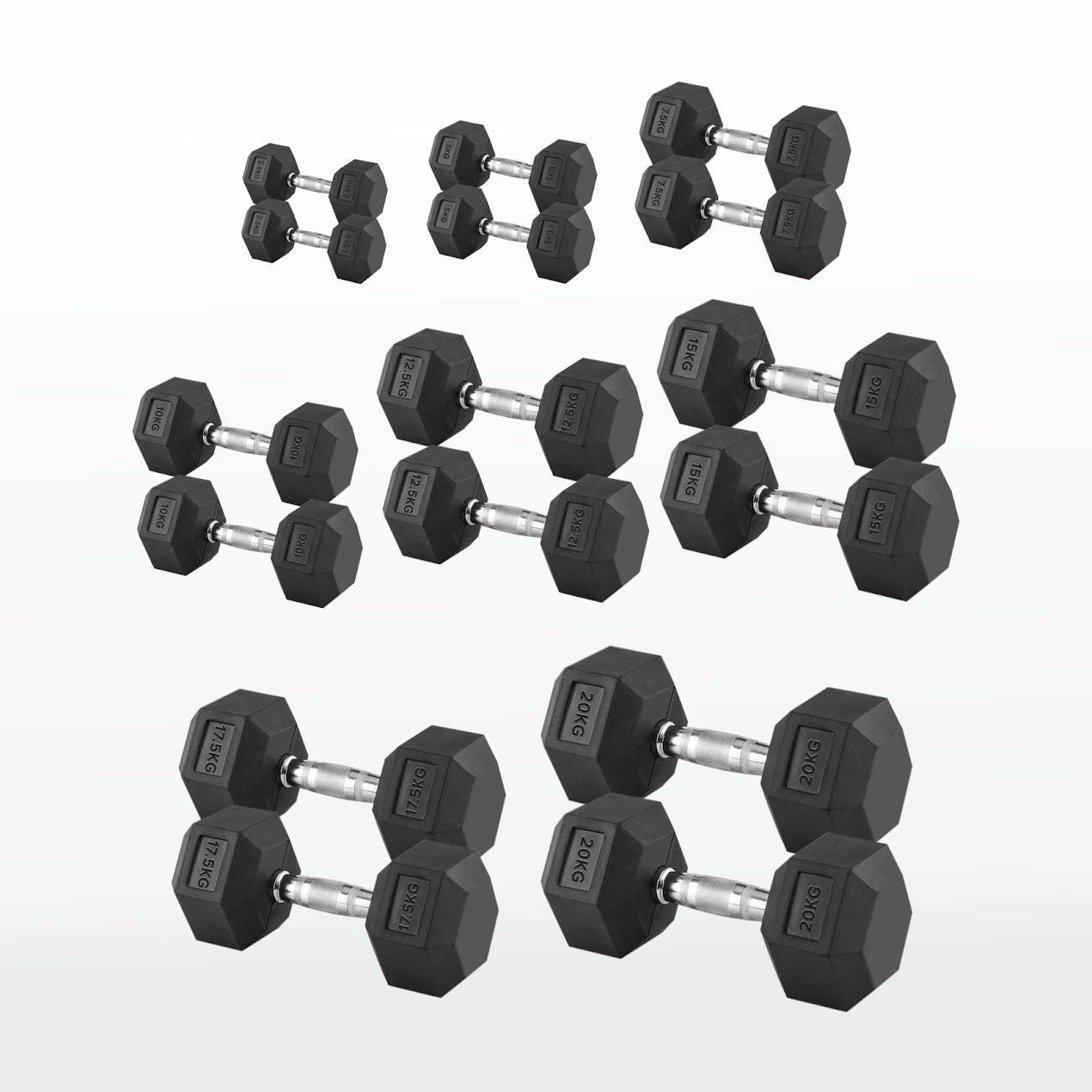 Hex Dumbbell Set 2.5kg–60kg – Rubber-Coated Anti-Roll Weights with Steel Handles – Dumbbell Pairs & Rack Bundles for Home & Commercial Gym Use