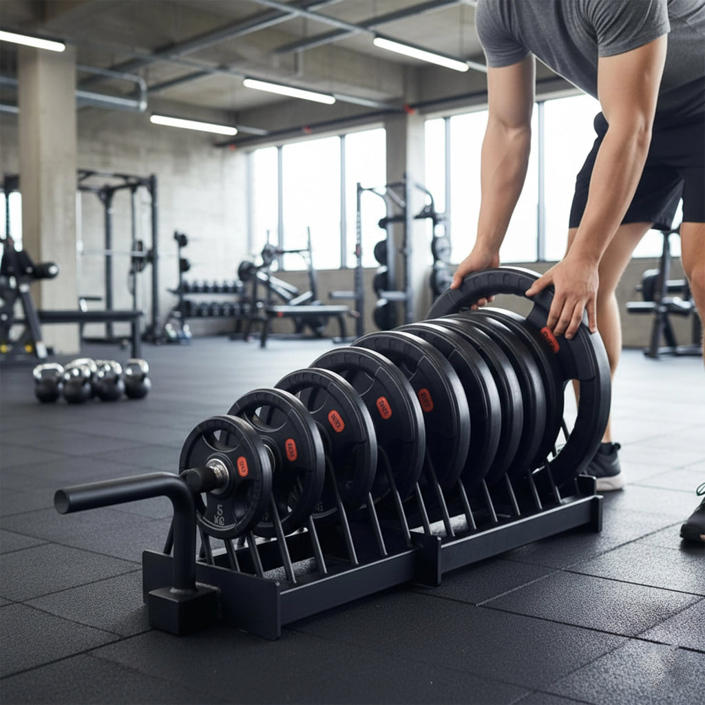 Portable Horizontal Weight Plate Storage Rack with Wheels & Barbell Holder – Heavy Duty Steel Gym Organizer for Bumper, Olympic & Tri-Grip Plates