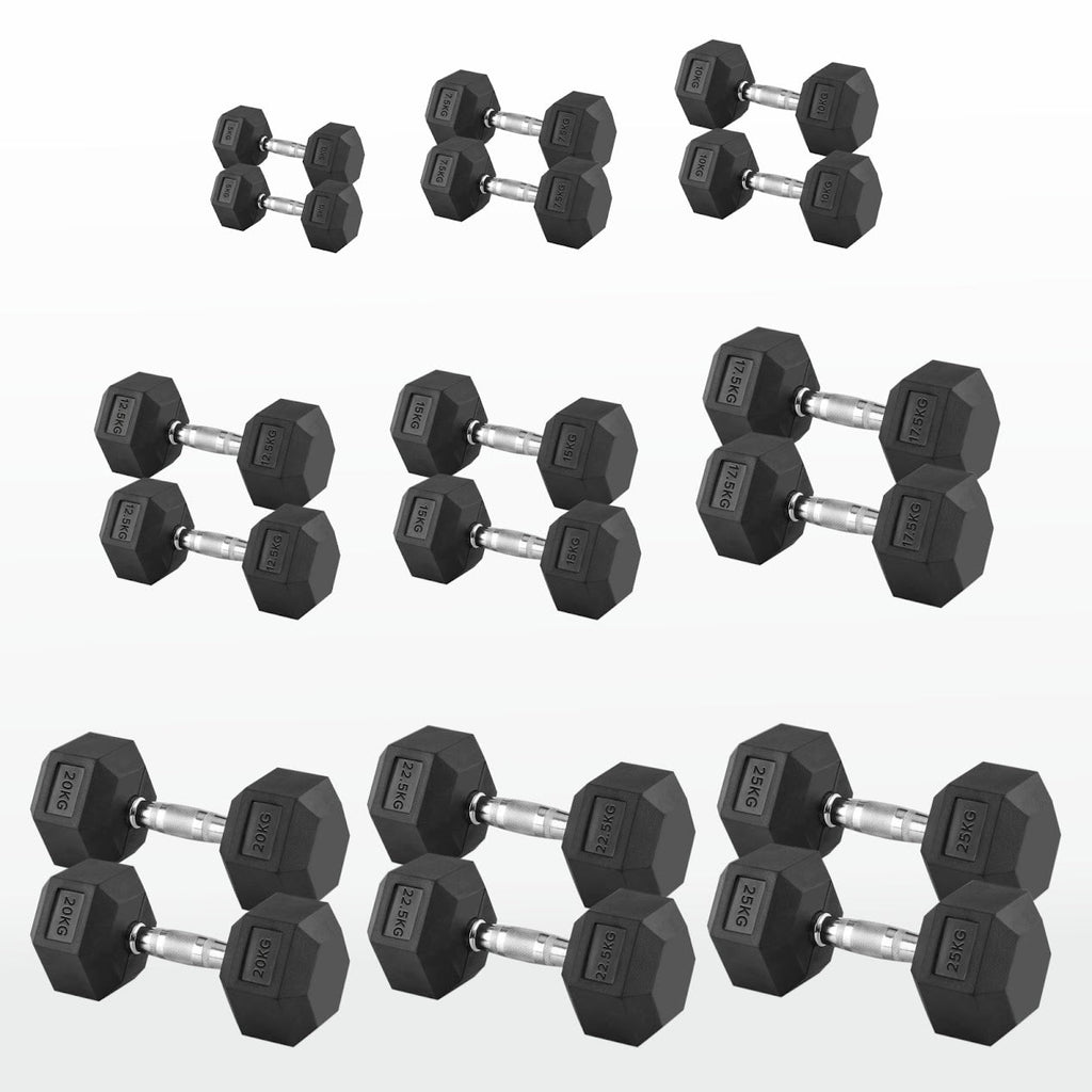 Hex Dumbbell Set 2.5kg–60kg – Rubber-Coated Anti-Roll Weights with Steel Handles – Dumbbell Pairs & Rack Bundles for Home & Commercial Gym Use