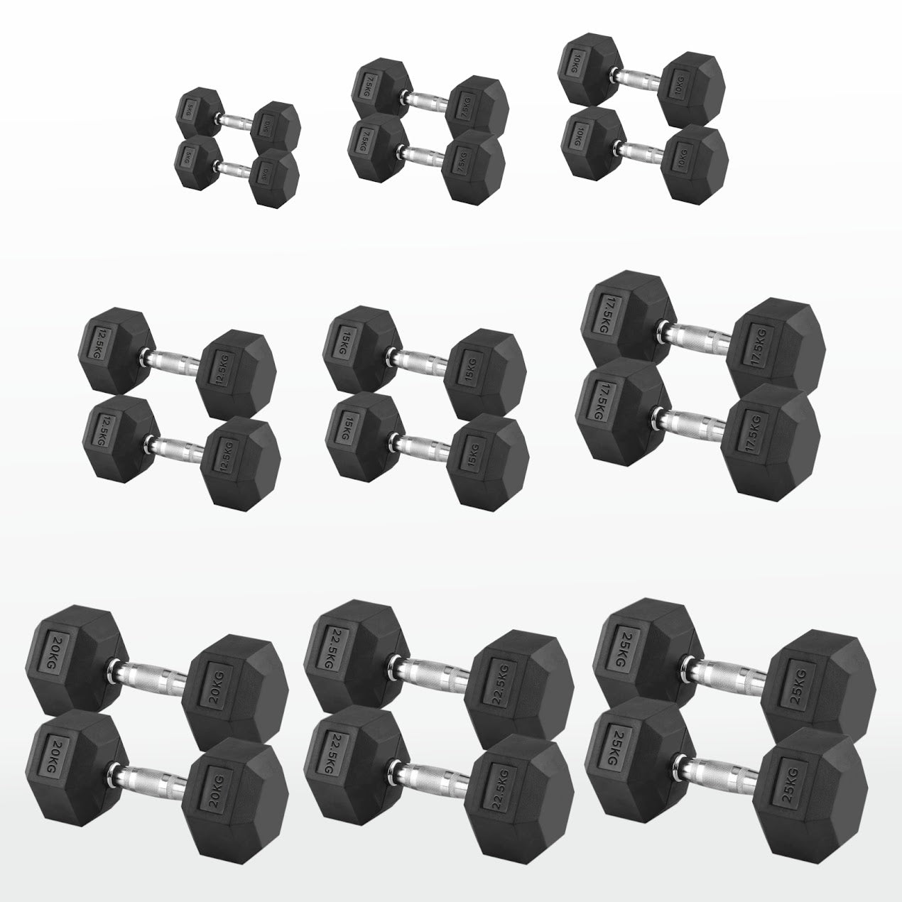 Hex Dumbbell Set 2.5kg–60kg – Rubber-Coated Anti-Roll Weights with Steel Handles – Dumbbell Pairs & Rack Bundles for Home & Commercial Gym Use
