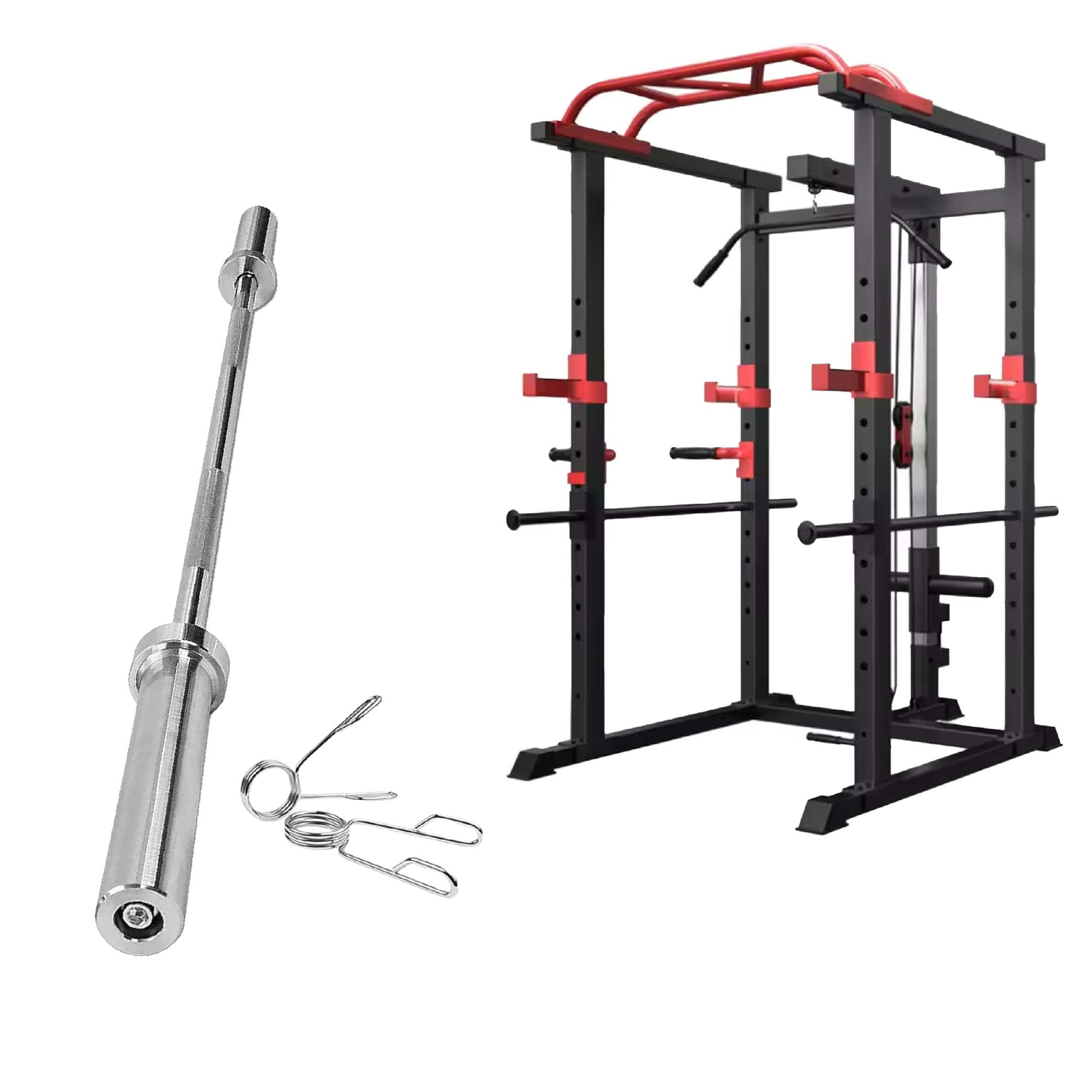 Heavy‑duty steel power rack with multi‑grip pull‑up bar and high/low cable pulley system. Adjustable safety, dip handles, and Olympic bar compatibility – all‑in‑one home gym powerhouse.