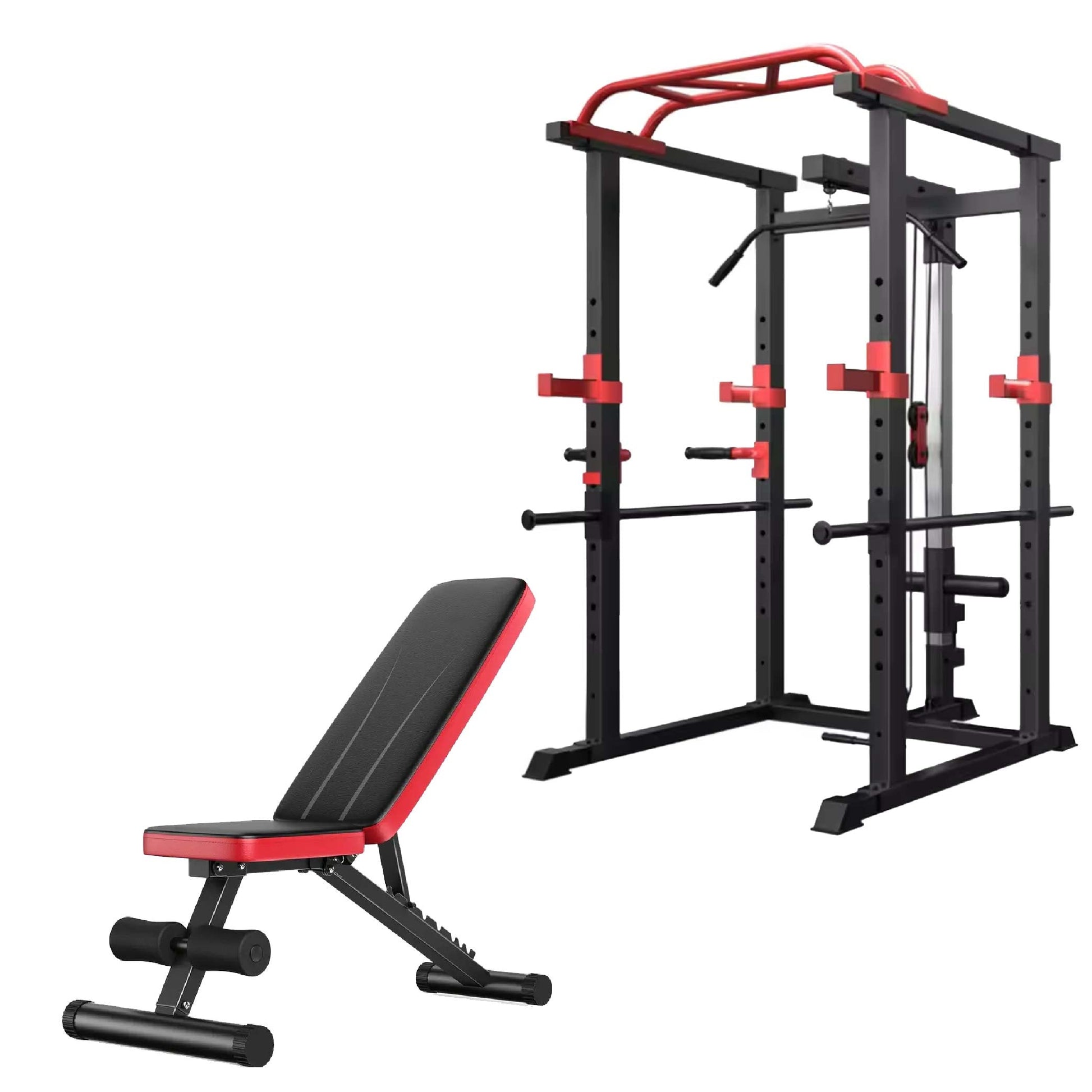 Heavy‑duty steel power rack with multi‑grip pull‑up bar and high/low cable pulley system. Adjustable safety, dip handles, and Olympic bar compatibility – all‑in‑one home gym powerhouse.