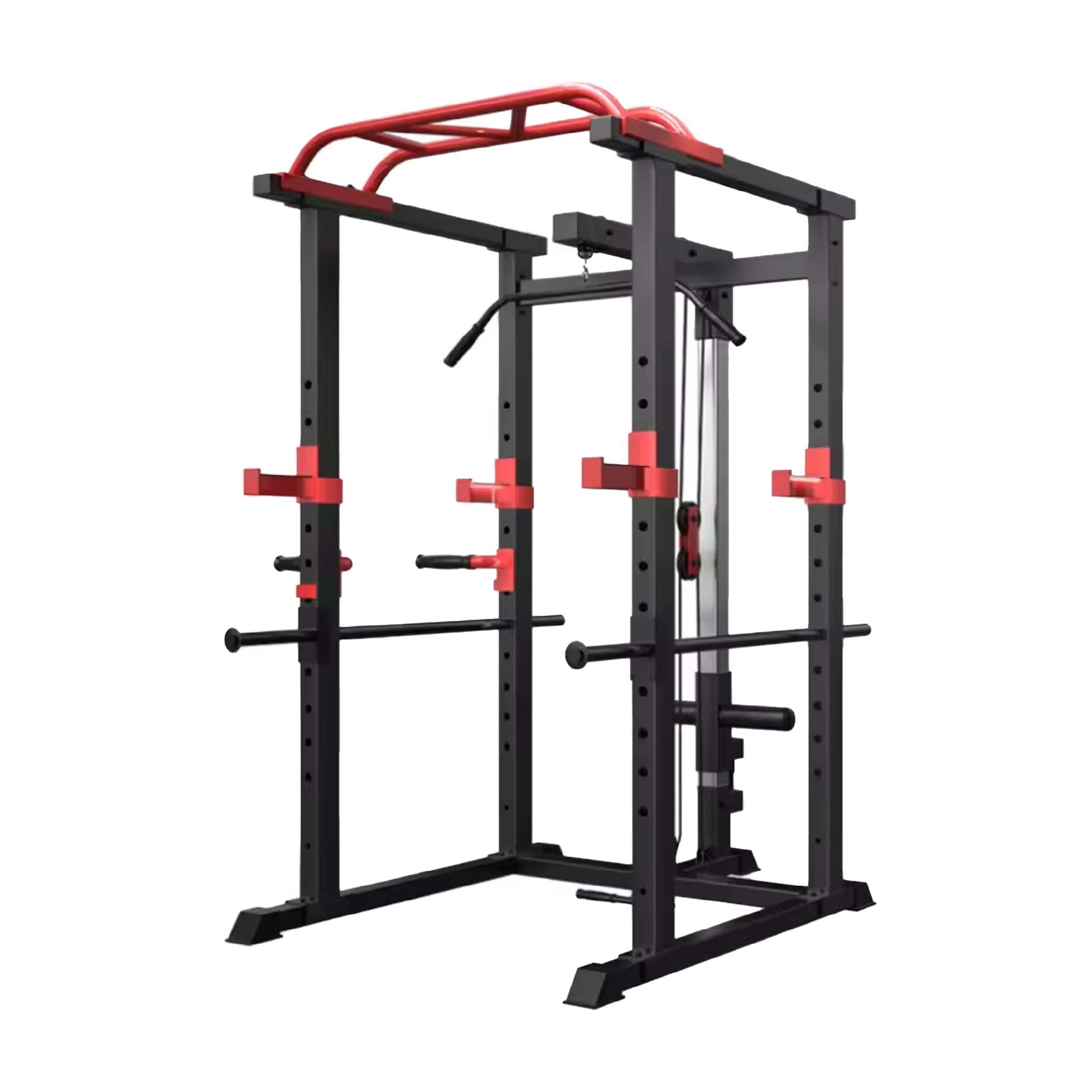 Heavy‑duty steel power rack with multi‑grip pull‑up bar and high/low cable pulley system. Adjustable safety, dip handles, and Olympic bar compatibility – all‑in‑one home gym powerhouse.